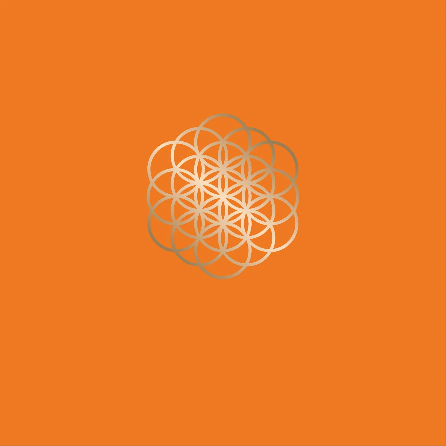 Geometric flower-like pattern in gold on orange background