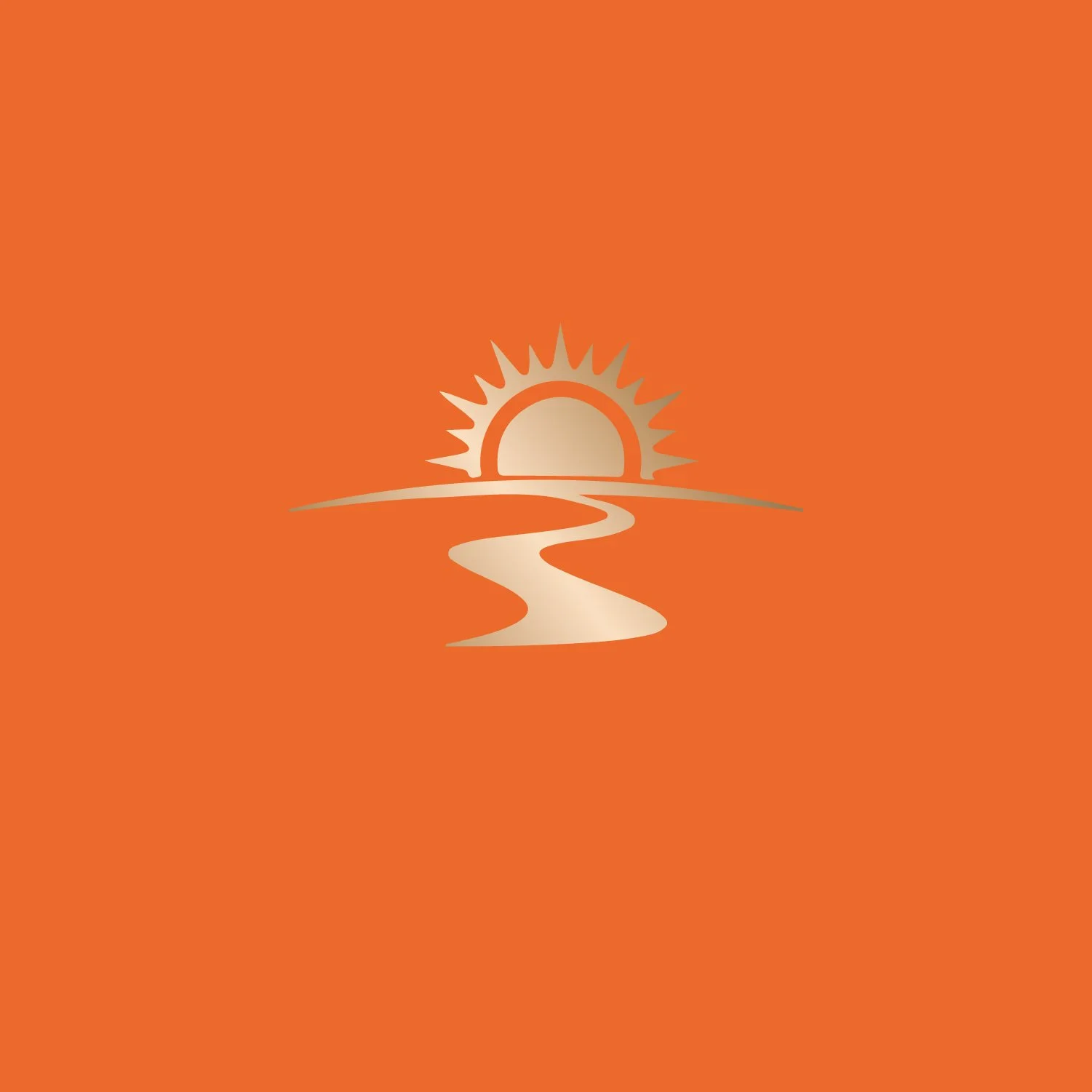 Golden sun over horizon with winding path on orange background