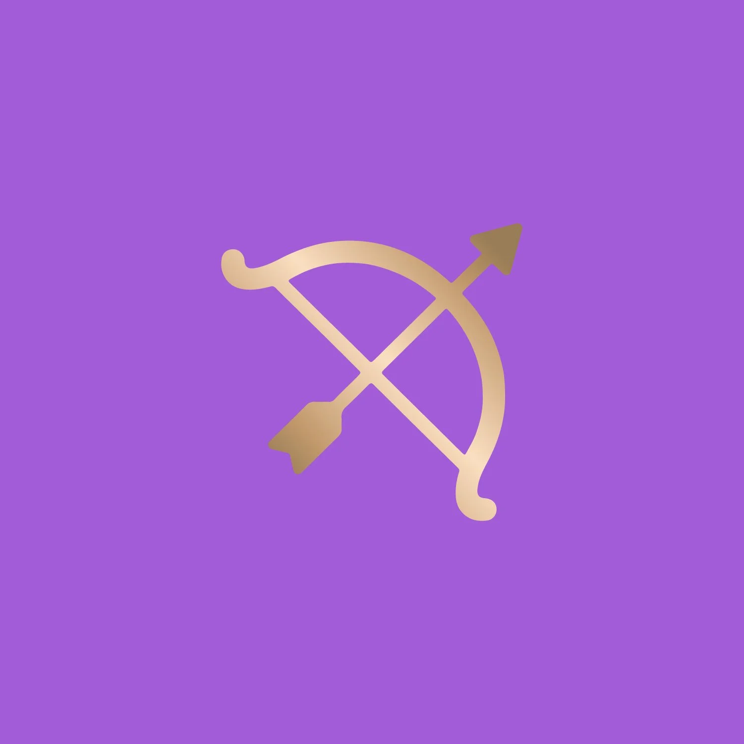 Gold bow and arrow icon on a purple background, representing the Sagittarius zodiac sign.