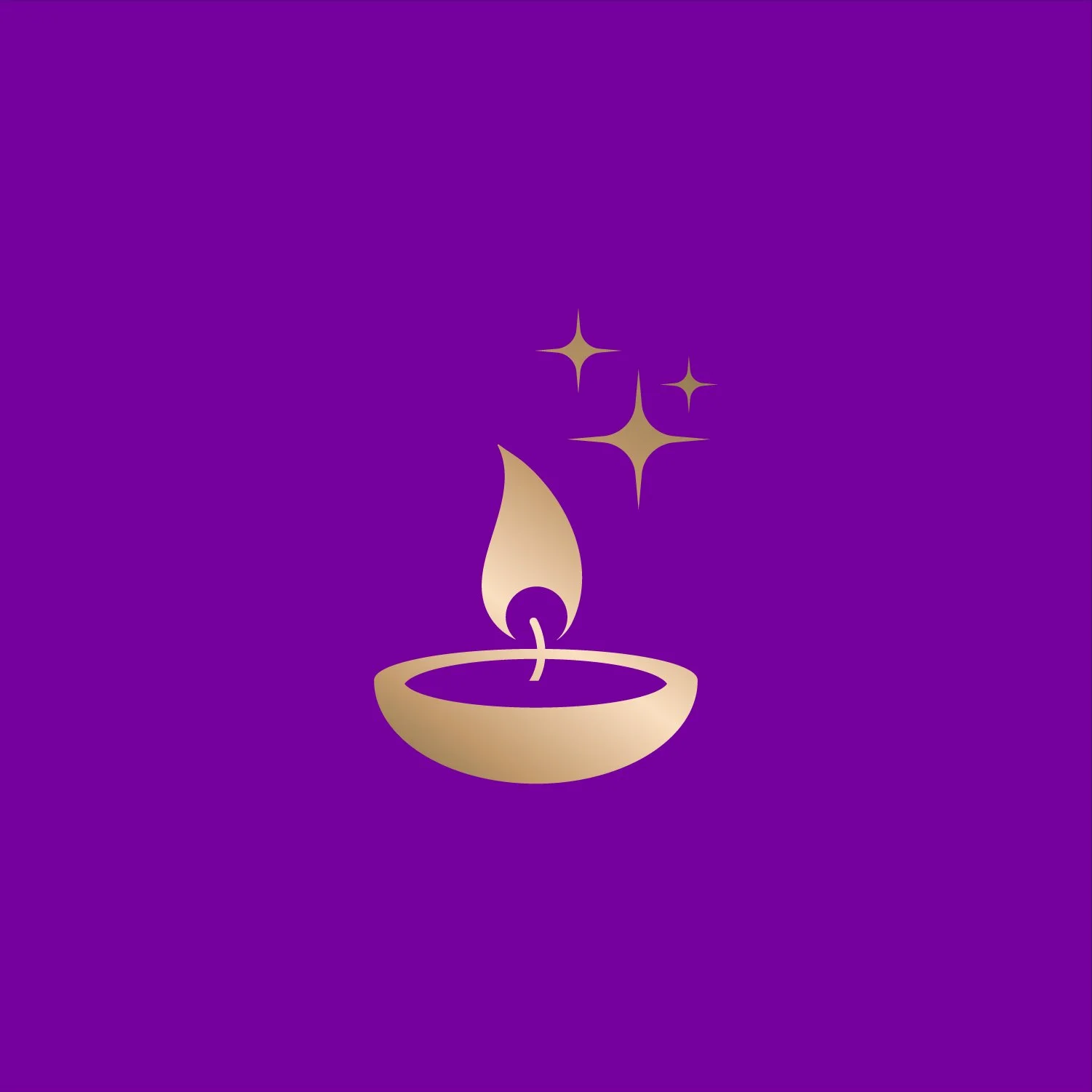 Illustration of a golden oil lamp with a flame and stars on a purple background.