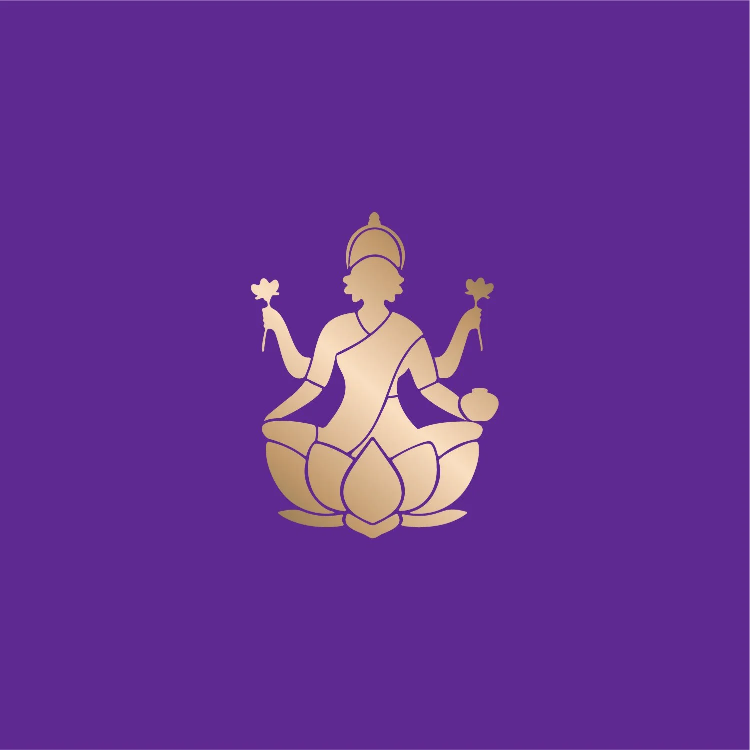 Gold silhouette of a seated figure with multiple arms and a lotus base on a purple background.