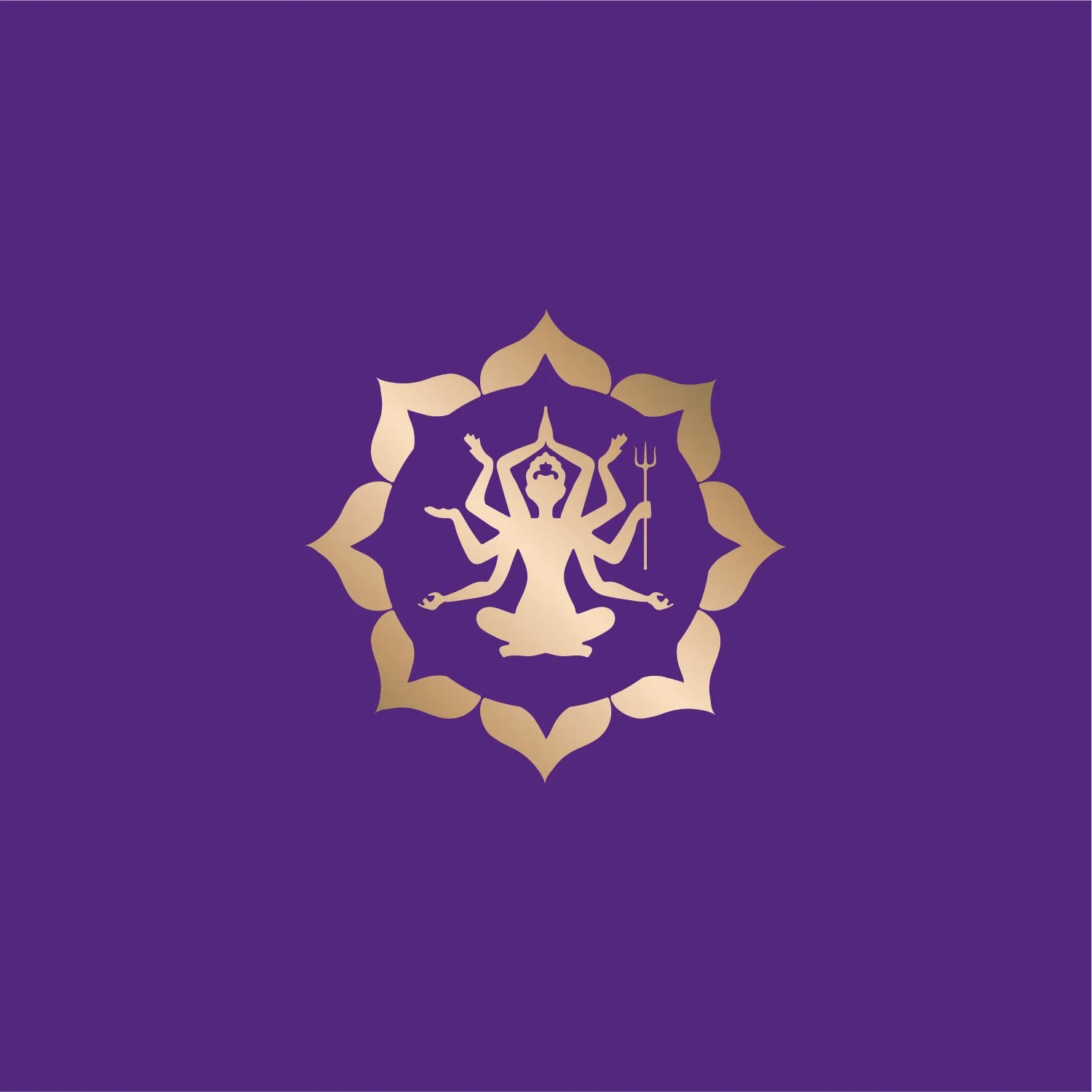 Illustration of a multi-armed figure sitting cross-legged inside a gold lotus motif on a purple background.