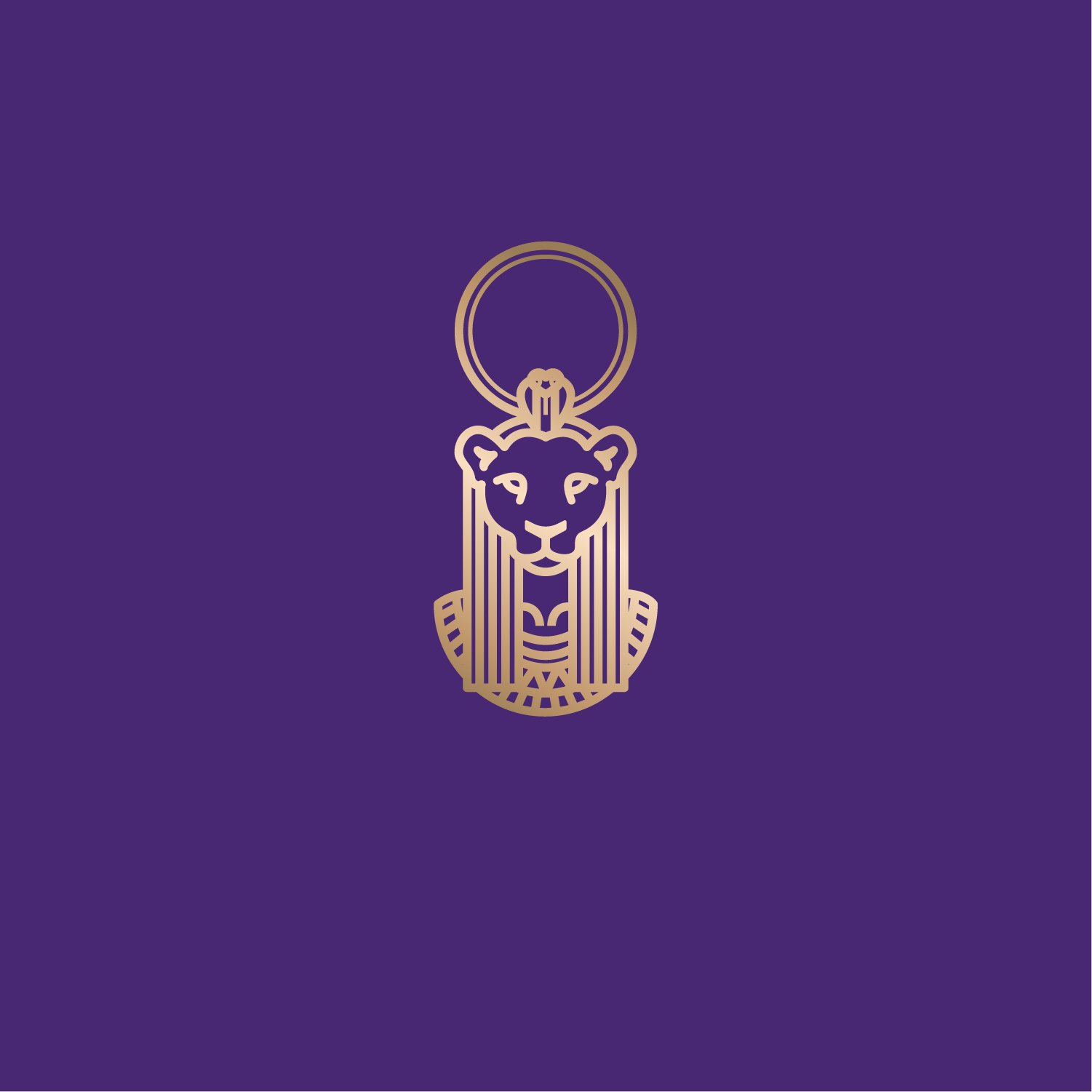 Gold outline of a lion's head with a ring on a purple background