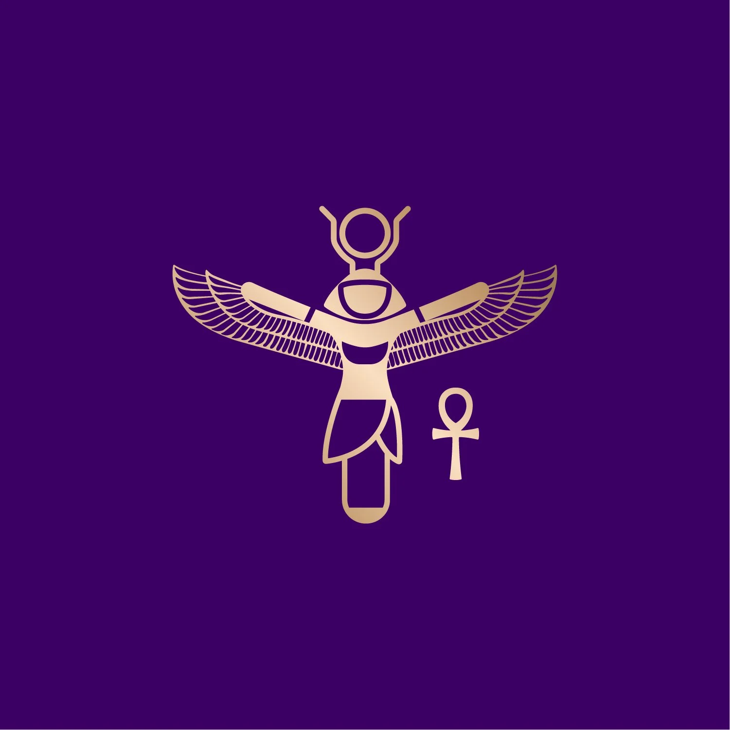 Illustration of Egyptian goddess with wings and ankh on purple background