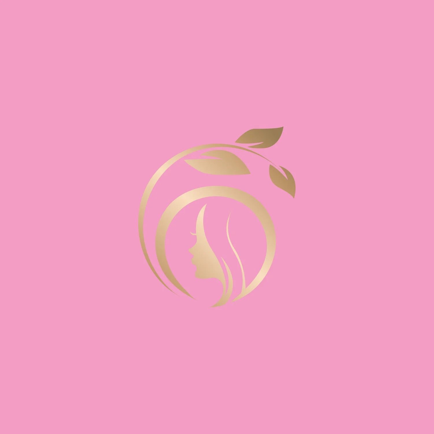 Gold silhouette of a woman's profile with leaves on pink background.