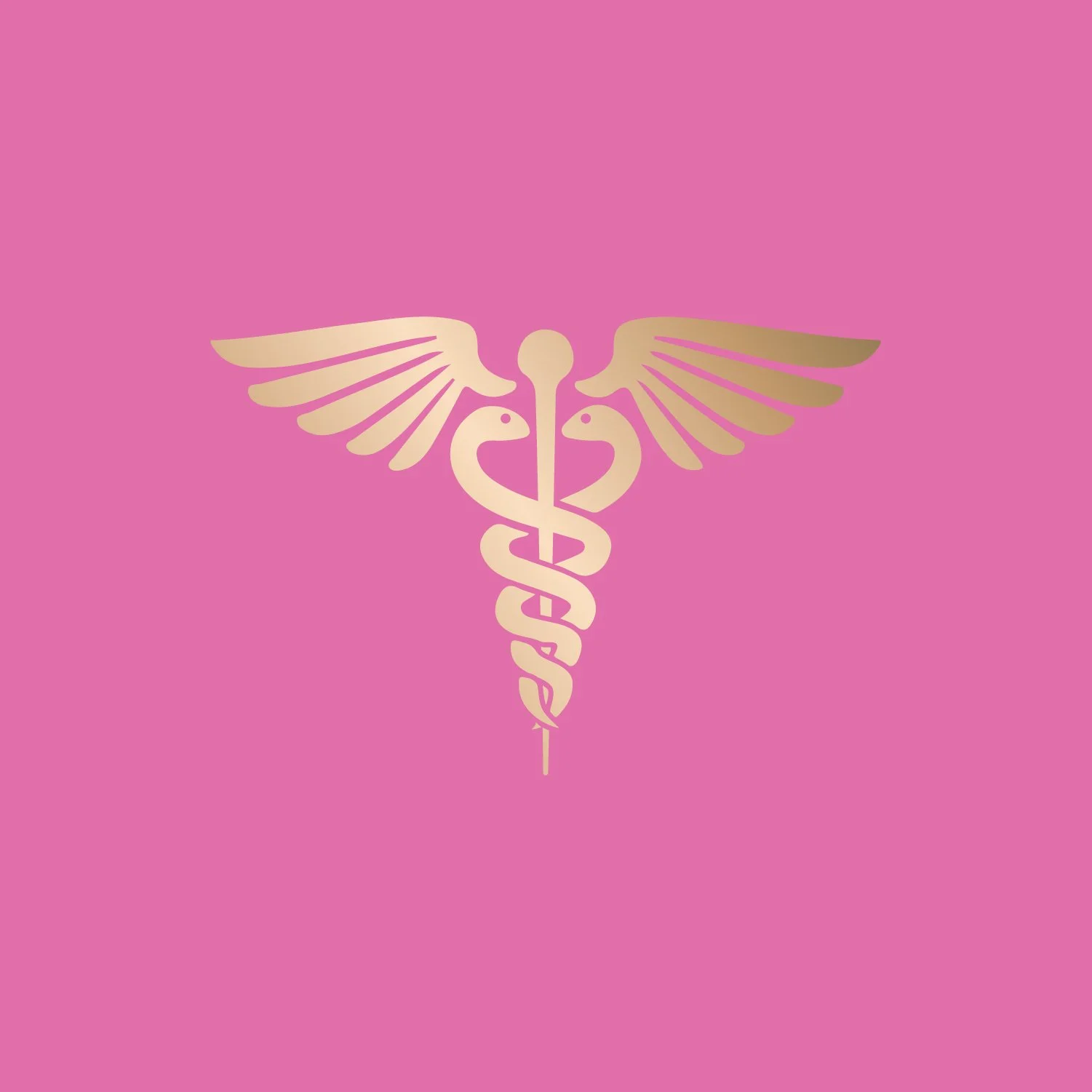 Gold caduceus symbol on a pink background
