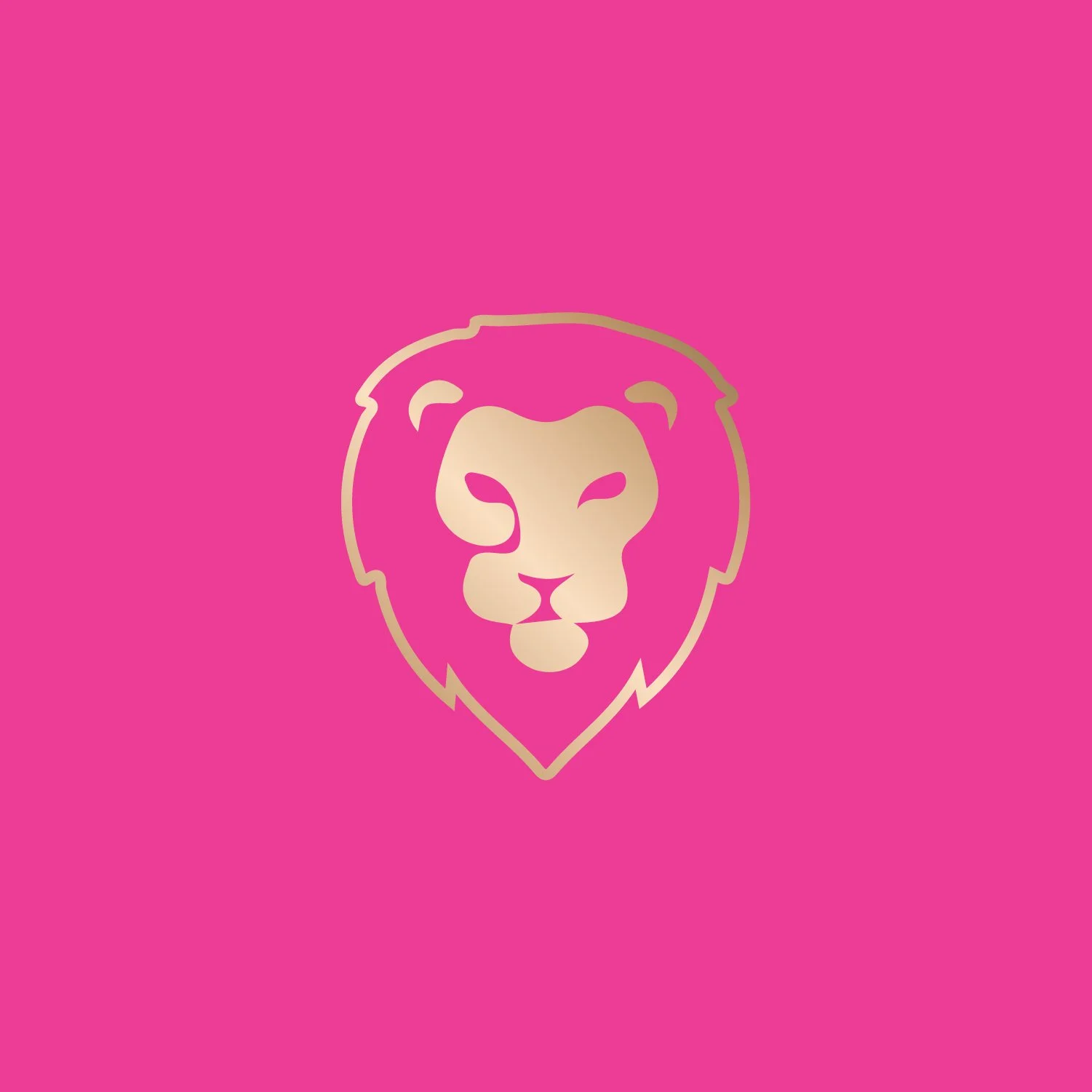 Gold lion head logo on pink background