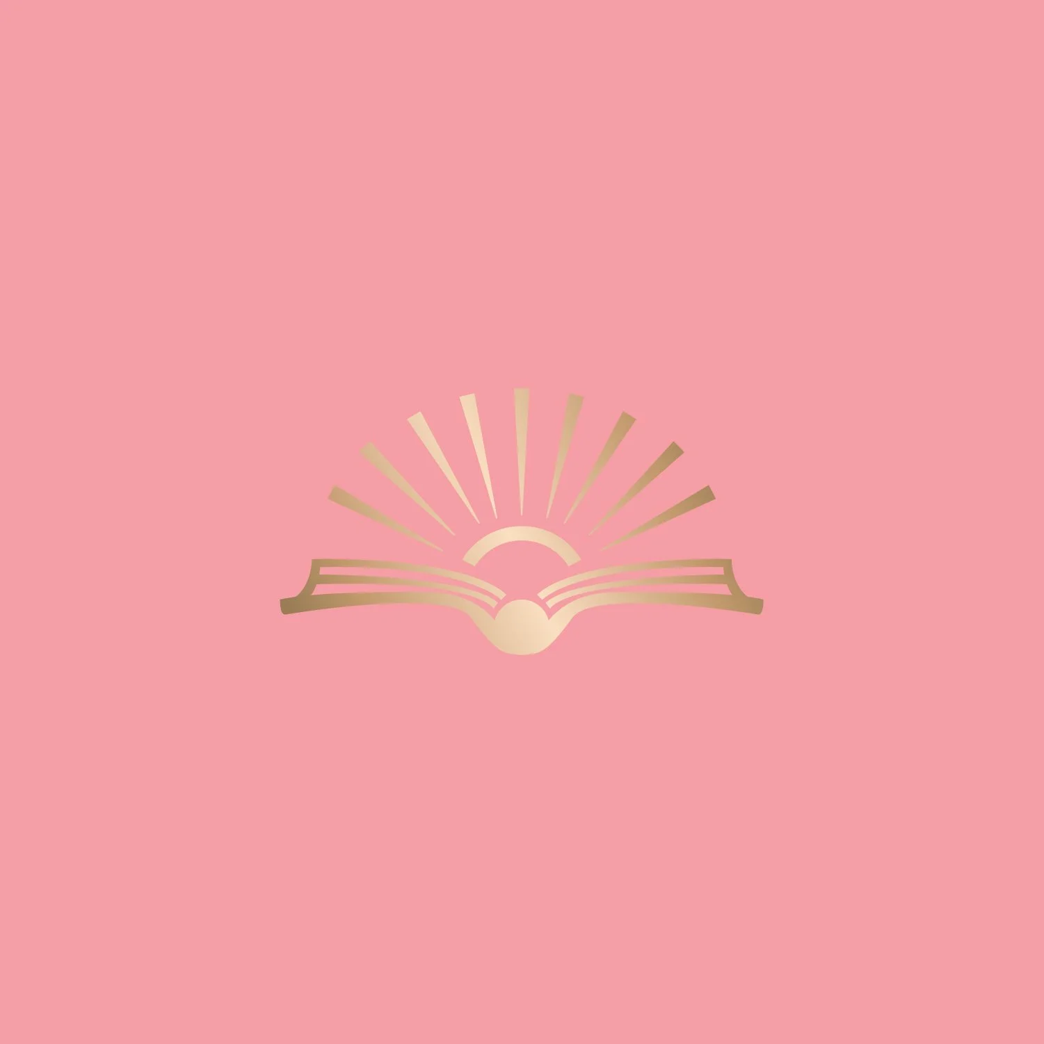 Illustration of a stylized golden open book with rays emanating from it on a pink background.