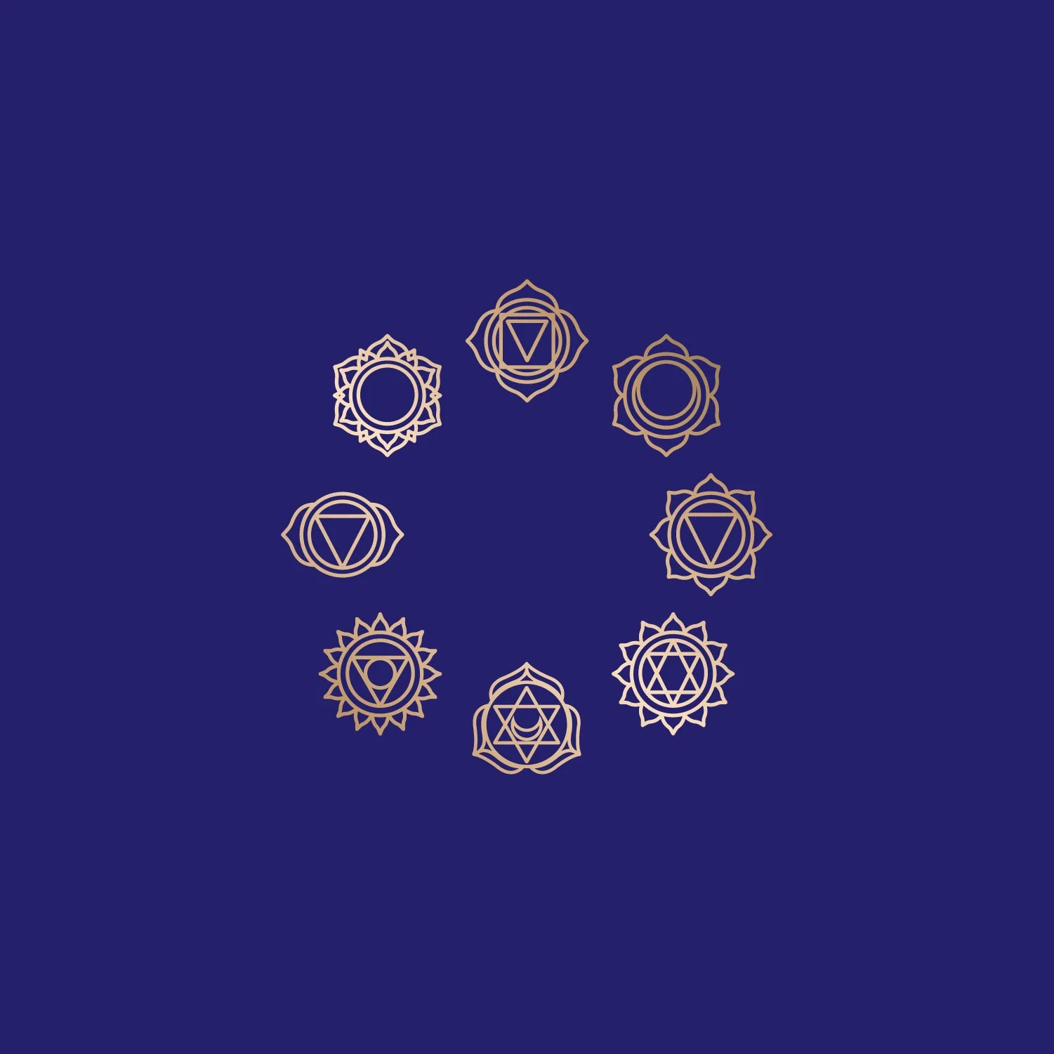 Seven outlined chakra symbols in a circular arrangement on a dark blue background.