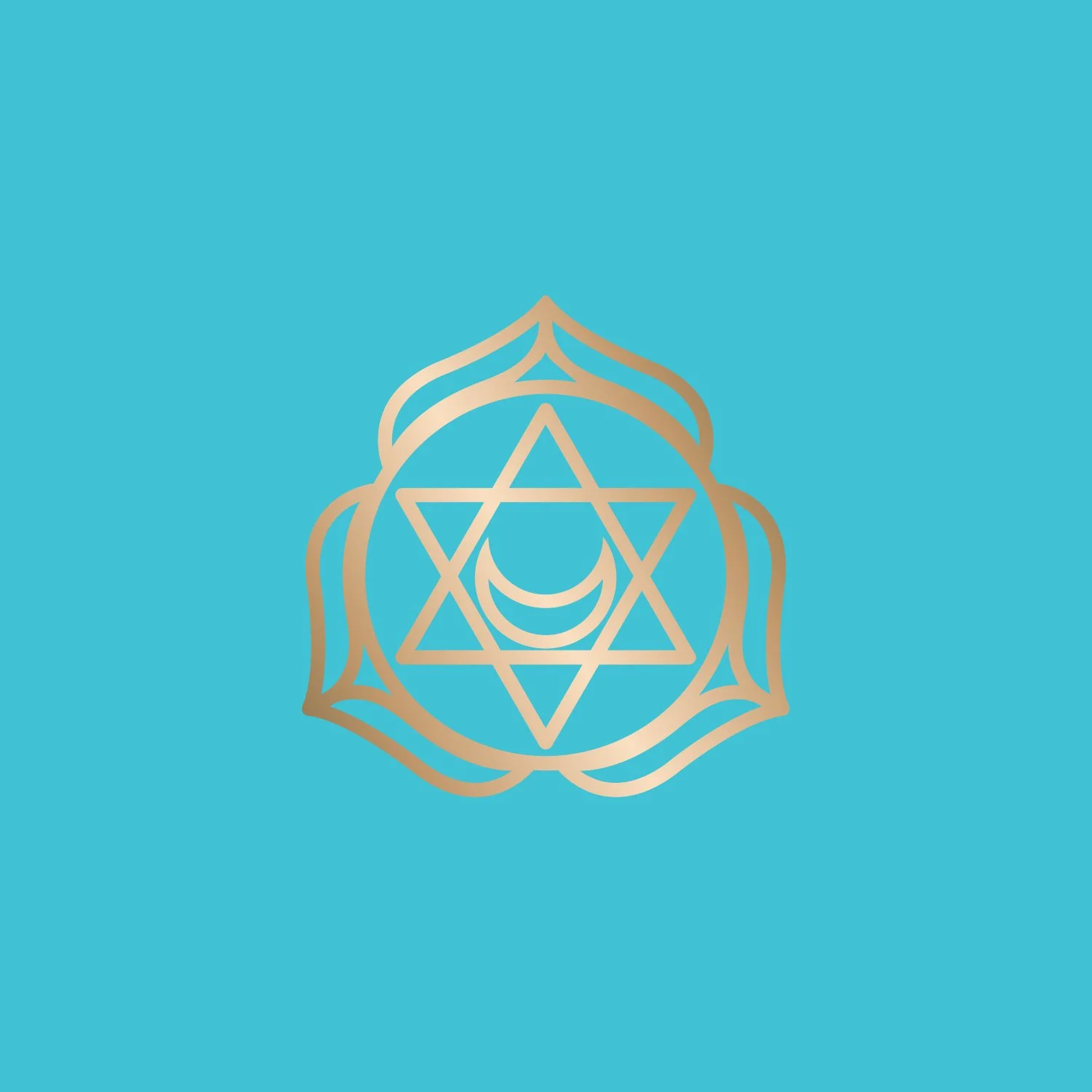 Golden geometric chakra symbol on blue background