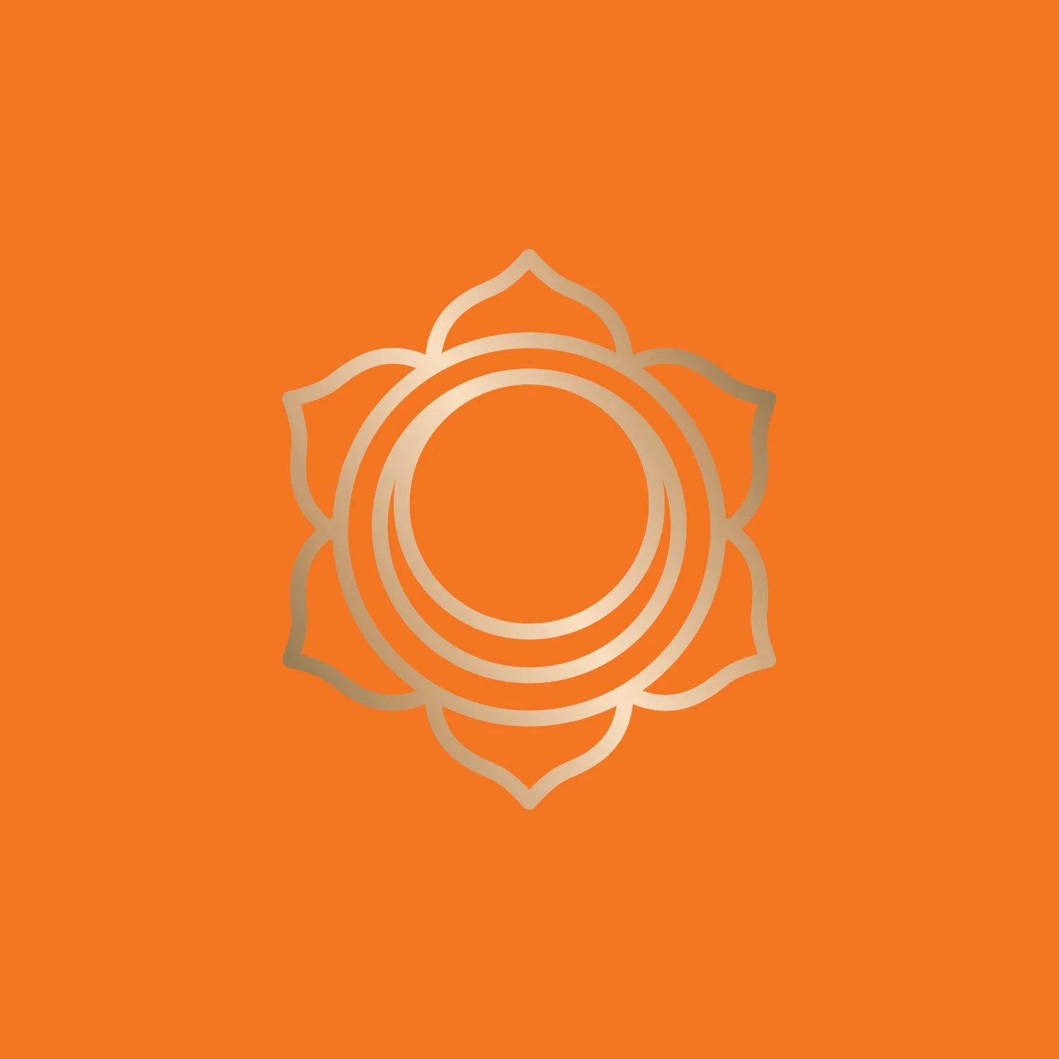 Orange background with a gold mandala design featuring a circle and petal shapes.