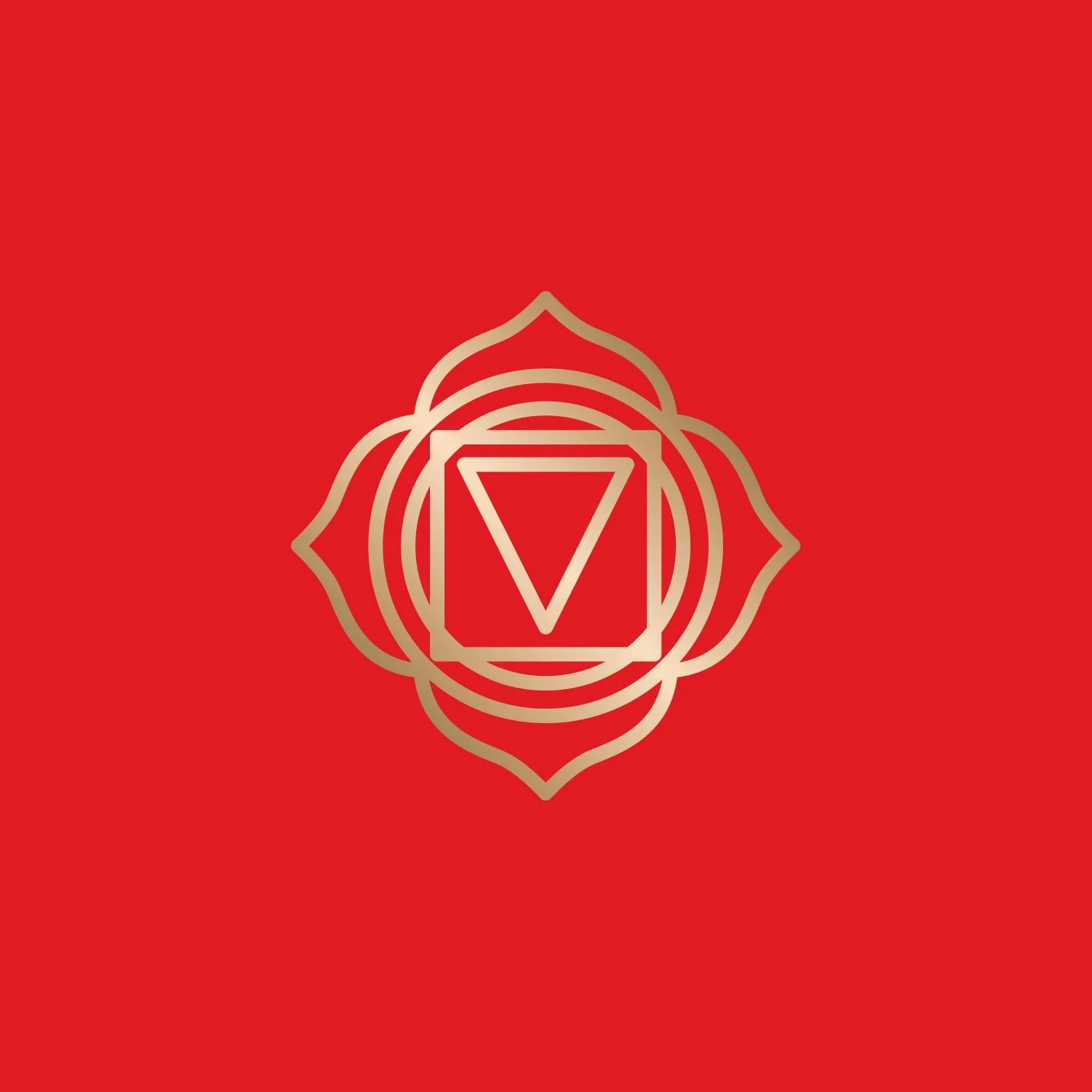 Red background with gold root chakra symbol, including a downward-pointing triangle and lotus petals.