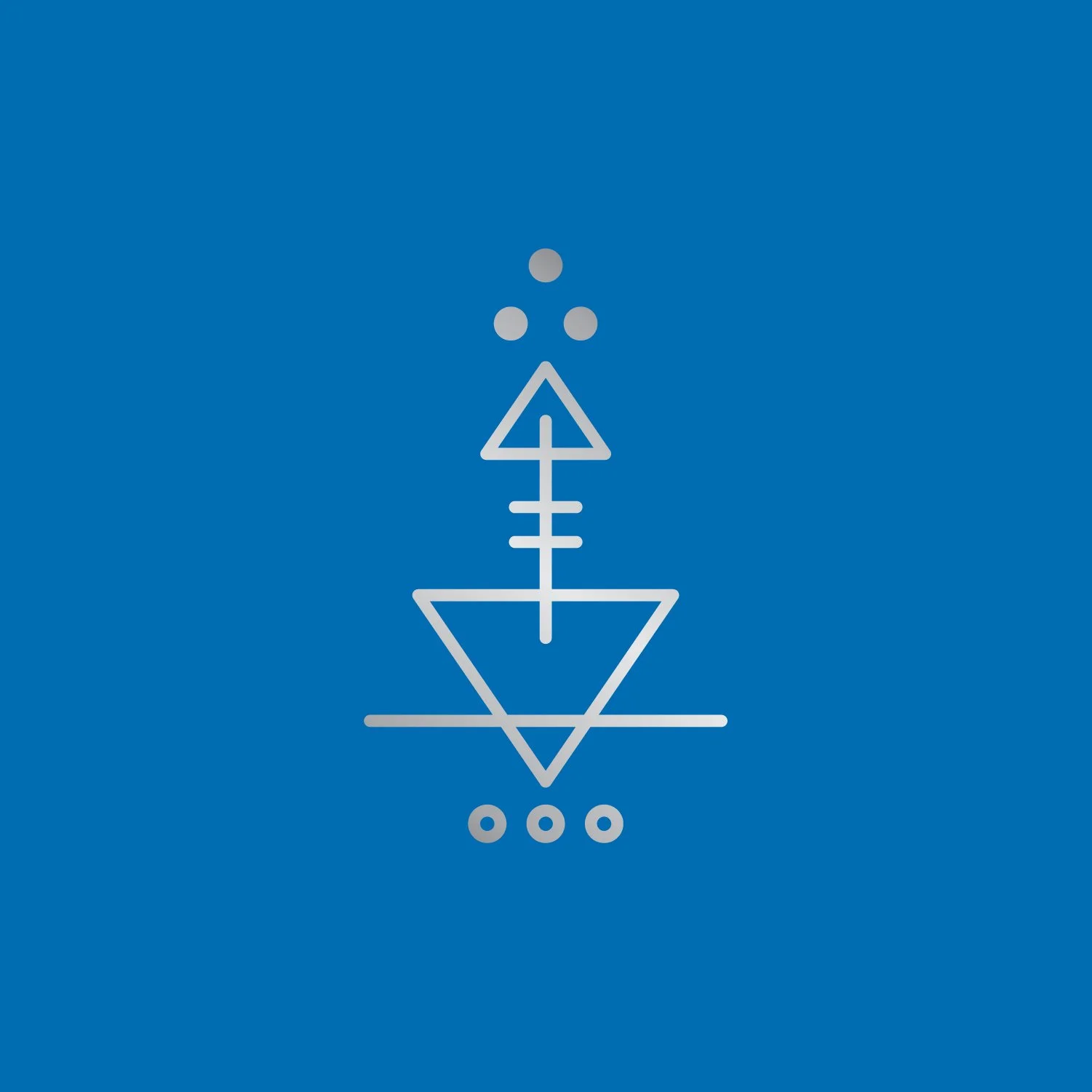 Abstract geometric symbol with triangles, circles, and lines on a blue background.