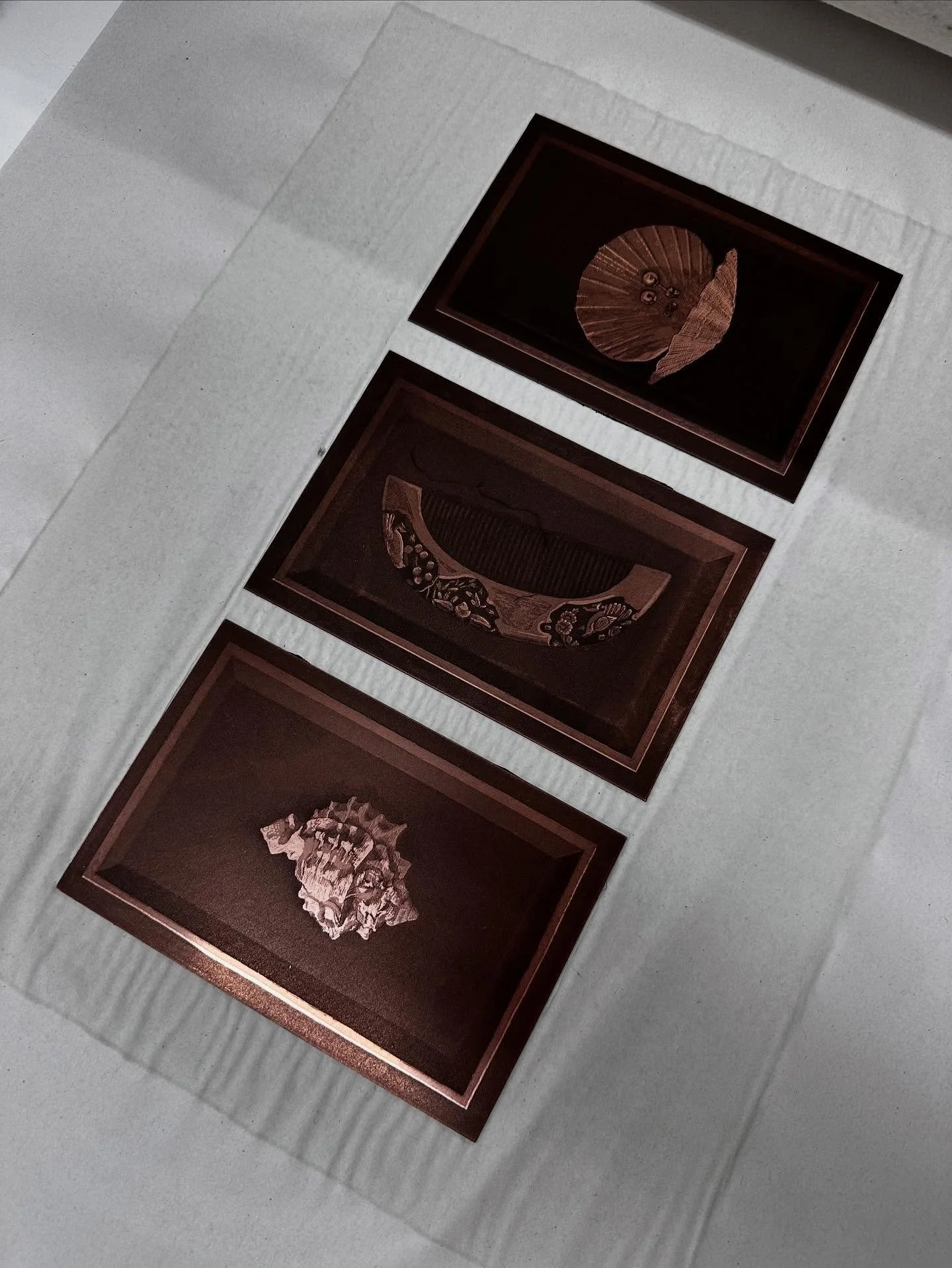 Three trinket box etchings. These will be sold separately or as a single print. They&rsquo;re part of a larger body of work that will emerge gradually over the next few months&hellip; #etching #intaglio #copperetching