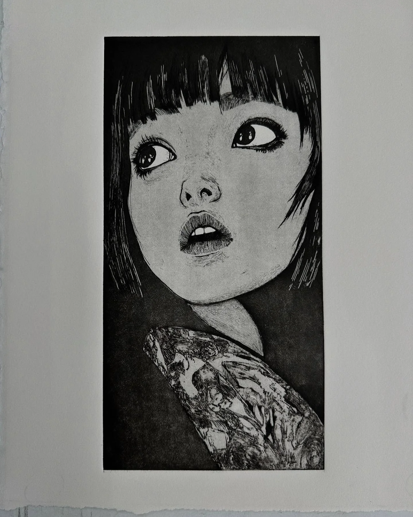 Work in progress but very nearly there. Very pleased with how she&rsquo;s coming out! #etching #hardgroundetching #aquatint #portrait #art #kimono #noir