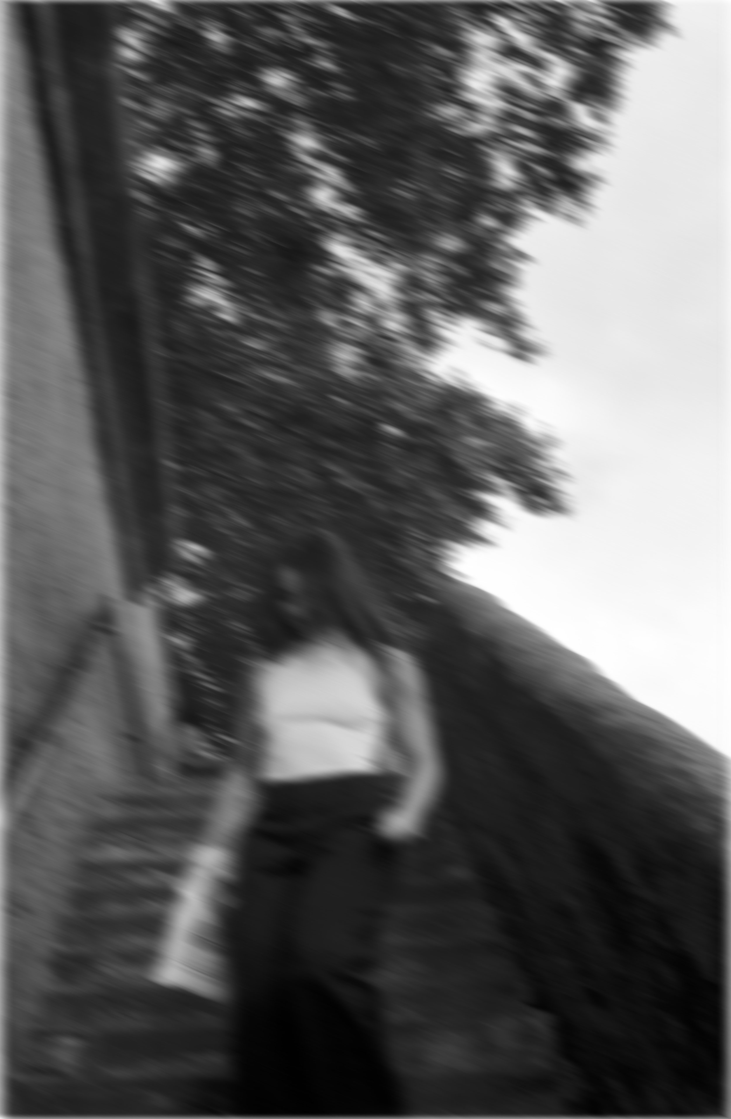 Une personne debout dans un environnement extérieur avec des arbres, vue de derrière, photographiée en noir et blanc, floue. Editorial