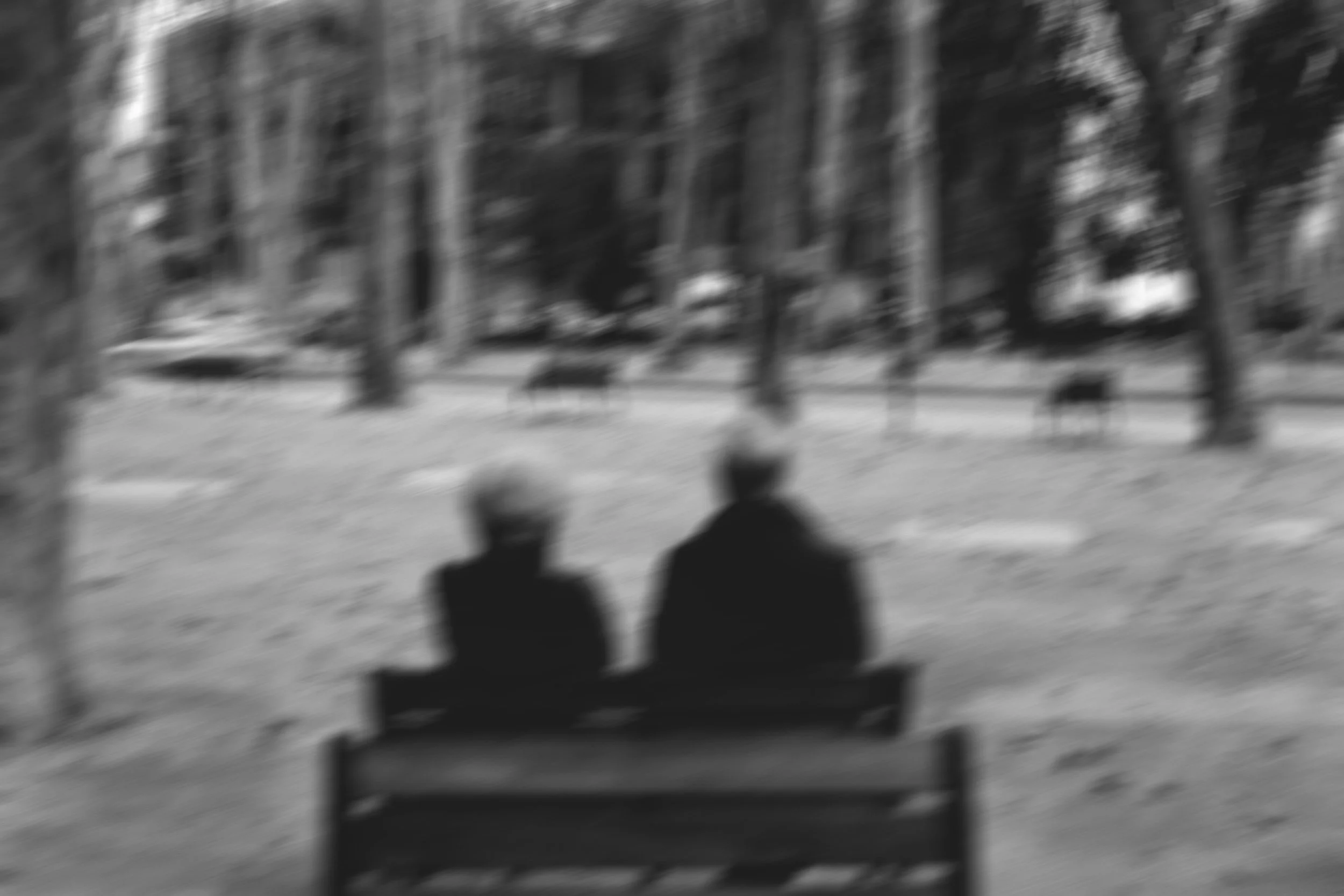 Deux personnes assises sur un banc dans un parc, vues de dos, avec des arbres en arrière-plan. Editorial