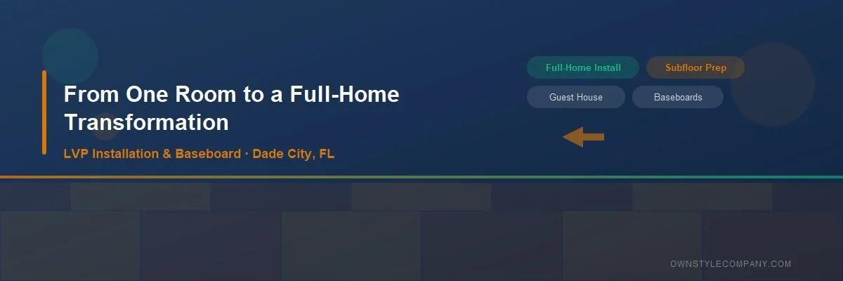Full-home LVP flooring installation project banner for Dade City Florida by Own Style Flooring Visual: Wide banner with navy background, headline text, abstract geometric floor pattern in amber/emerald tones, branding lower-right.