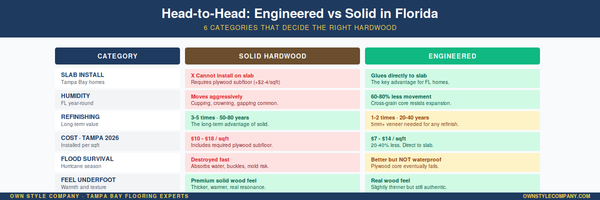 category visual comparison (same format as Article 2 banner 4): humidity, slab install, refinishing, cost, flood survival, Florida suitability.