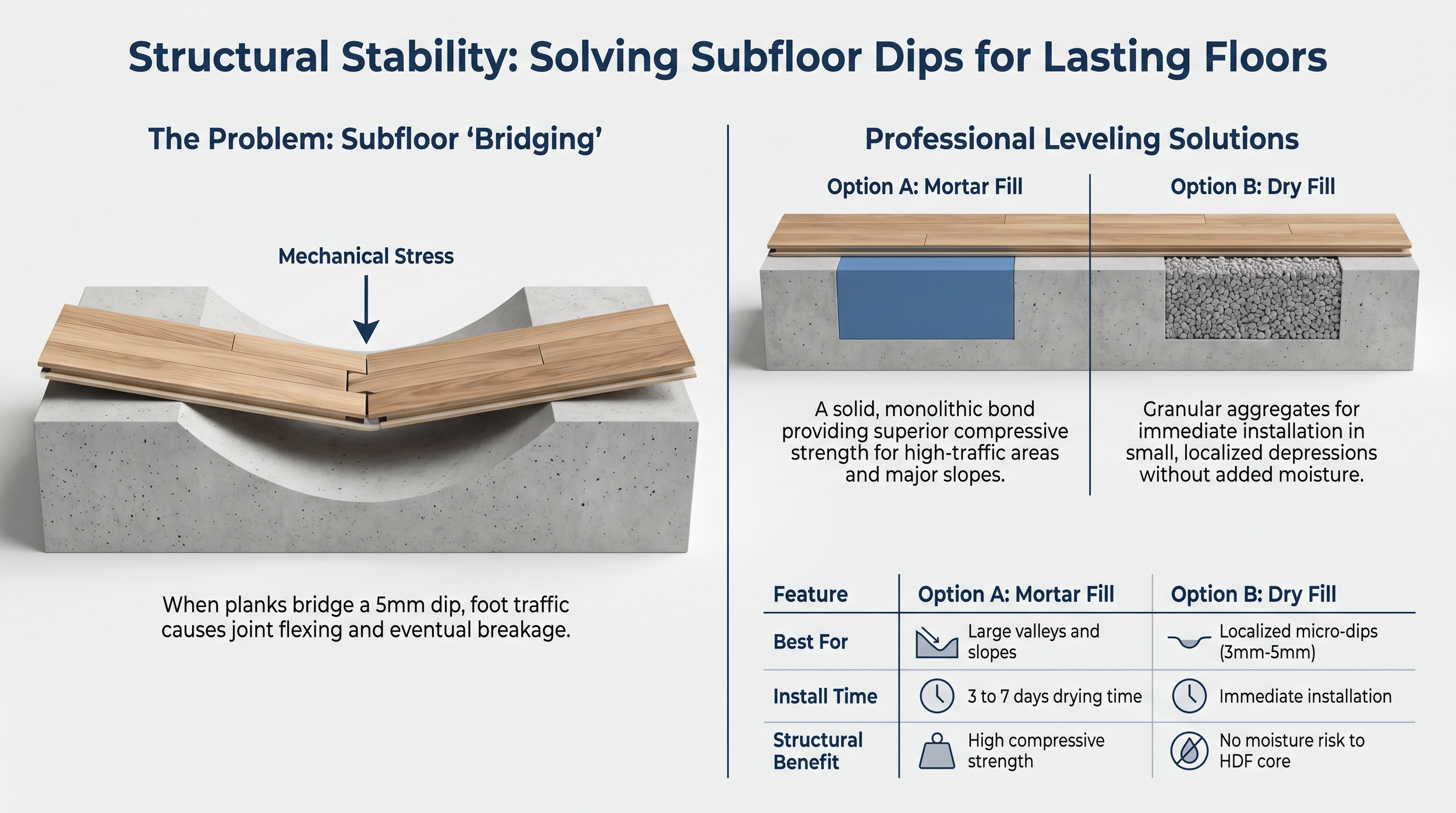 Technical comparison table showing drying times, structural strength, and cost differences between self-leveling mortar and dry aggregate leveling methods for Tampa Bay homes