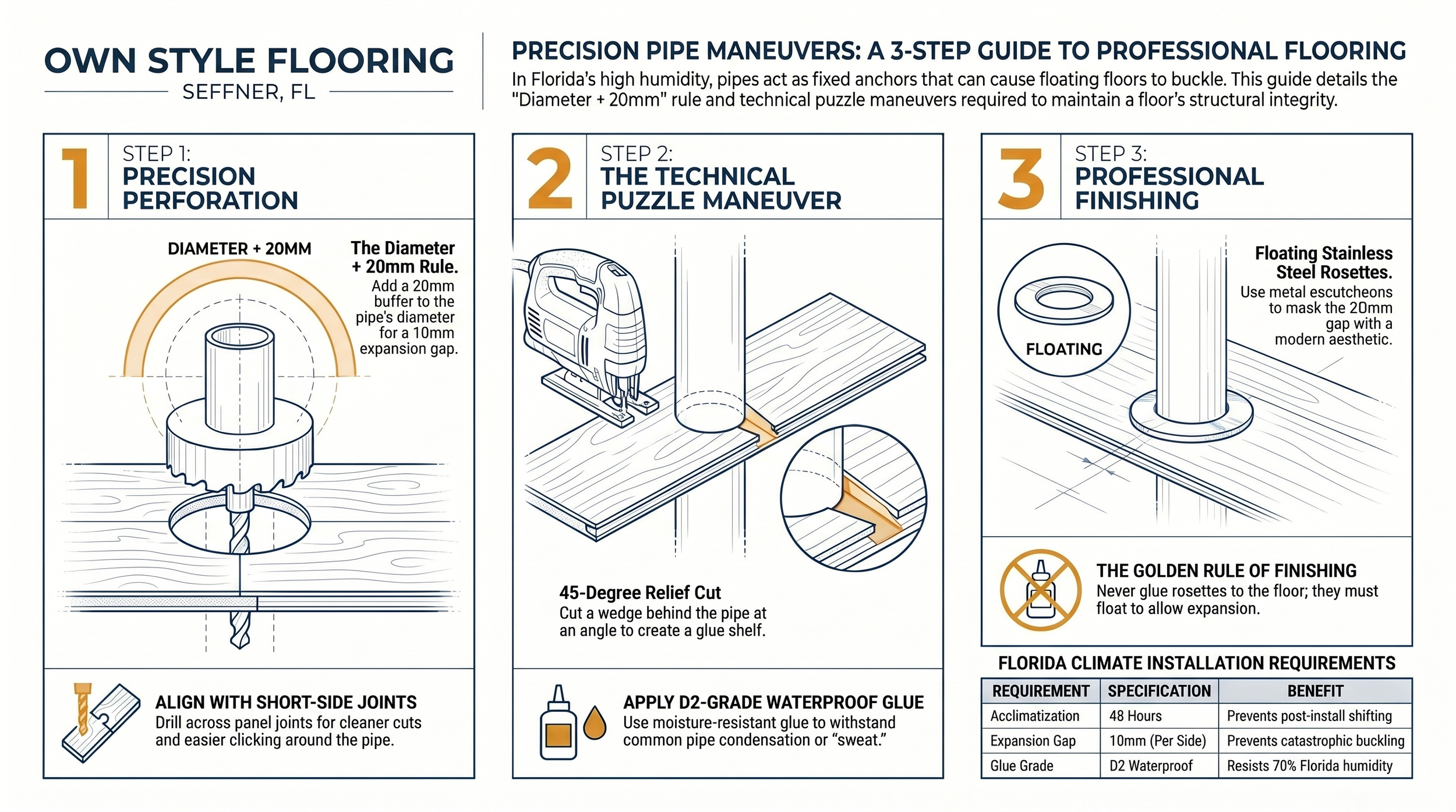 Top-down diagram showing the Diameter + 20mm pipe penetration formula applied to a laminate plank in a Valrico, FL installation