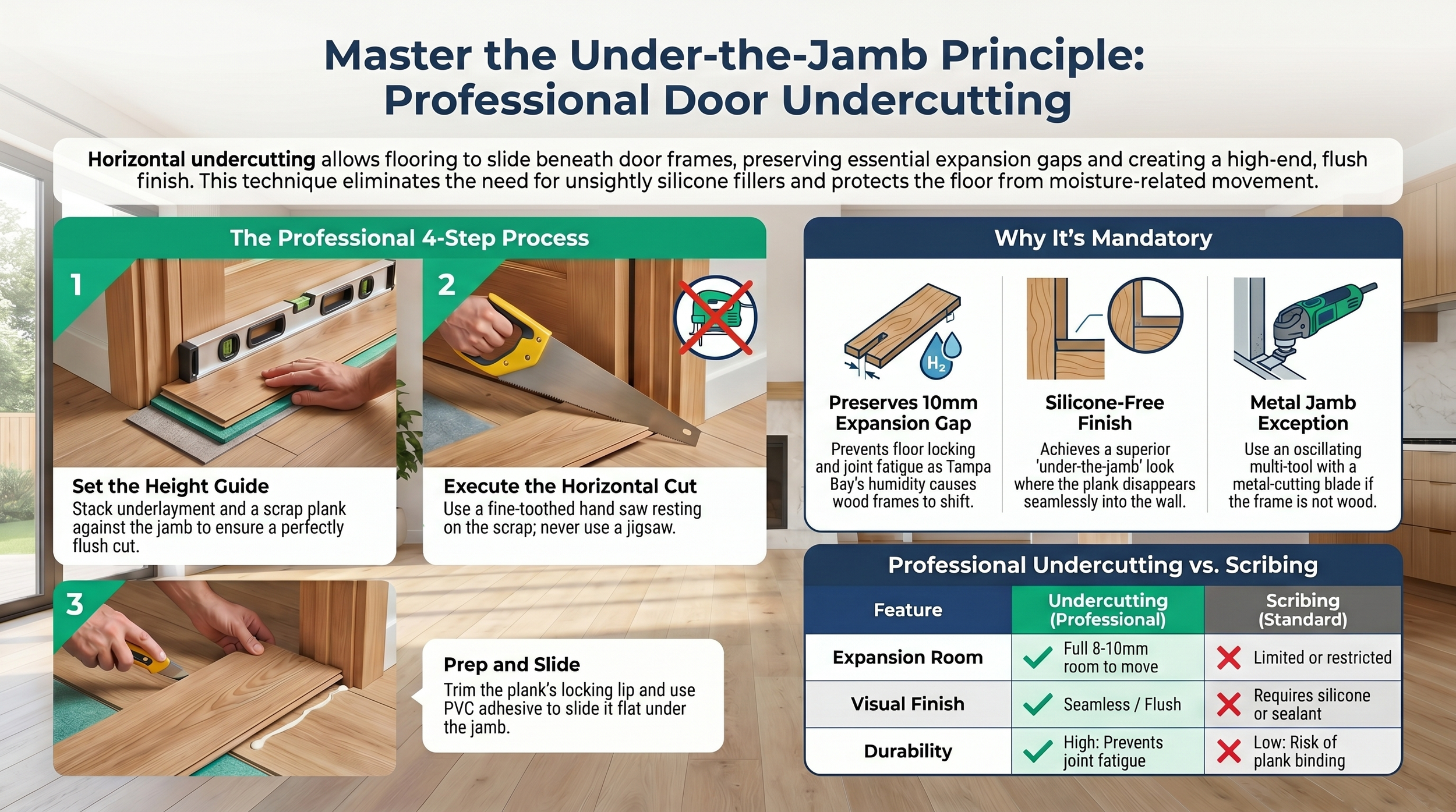 Diagram showing the correct height reference for horizontal undercutting of a door jamb in a Tampa Bay laminate installation