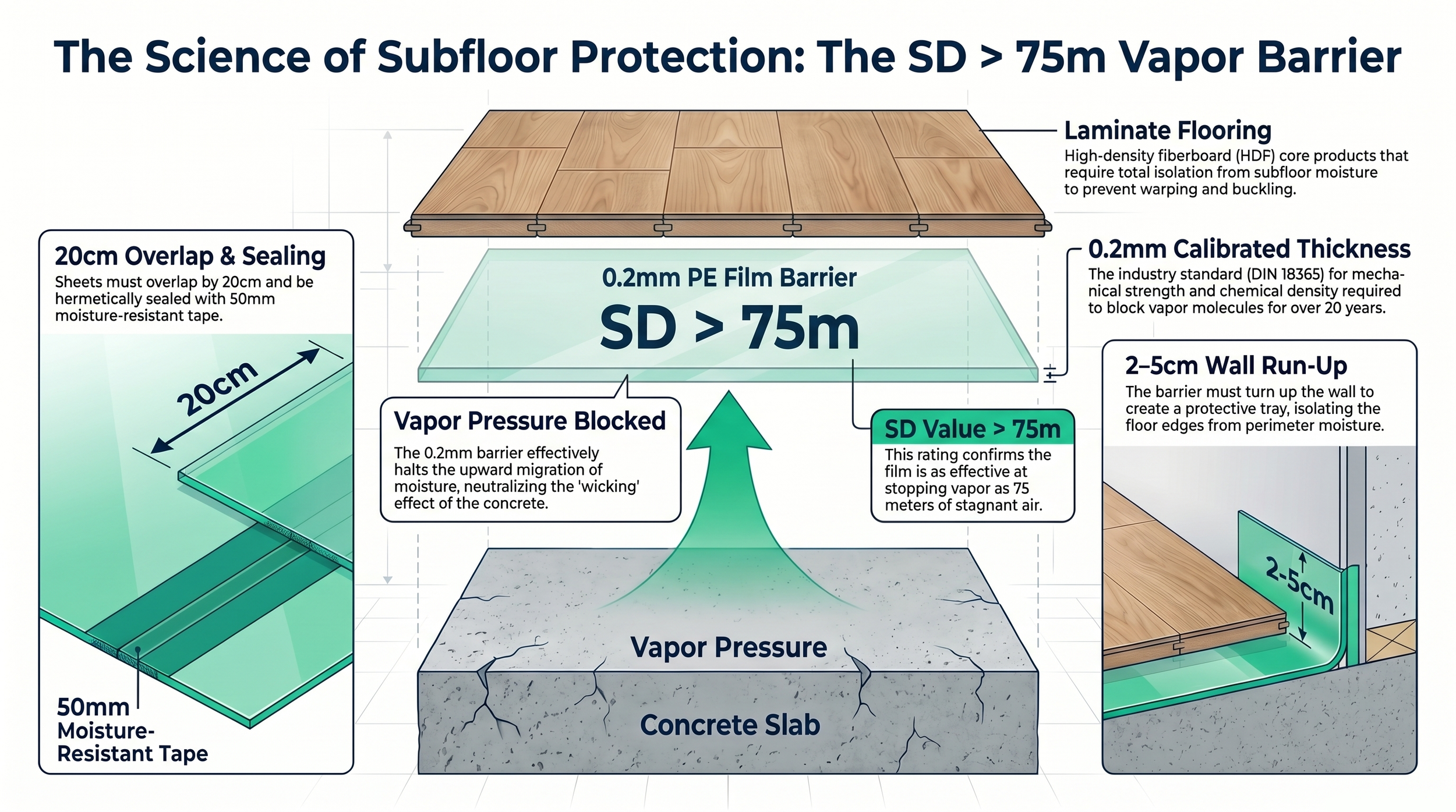 Technical infographic showing how an SD greater than 75m vapor barrier blocks moisture from a concrete slab