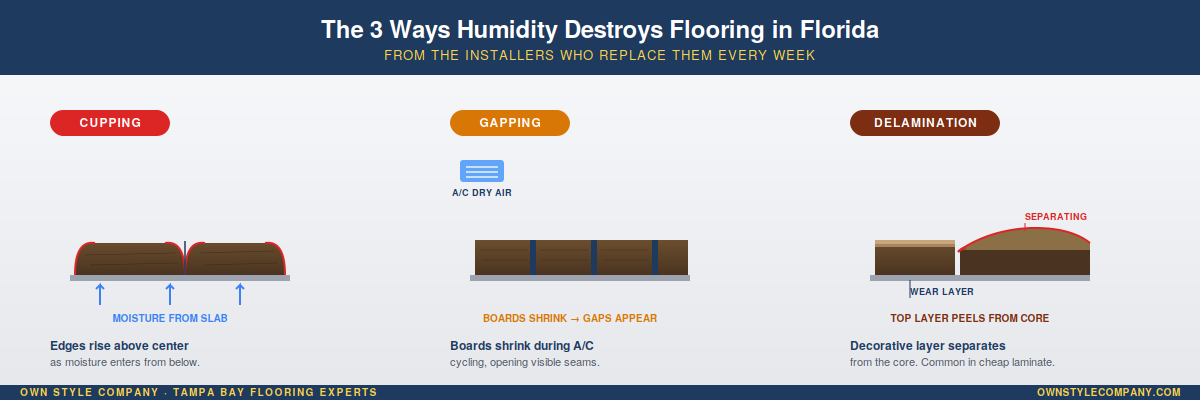 Show: side-by-side of 3 flooring samples on a concrete slab — LVP, AC4+ laminate, porcelain tile
