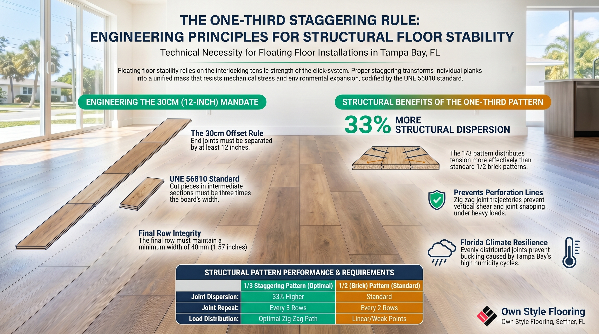 Top-down diagram of the one-third staggering pattern showing joint offset lines across five rows of laminate planks in a Riverview home