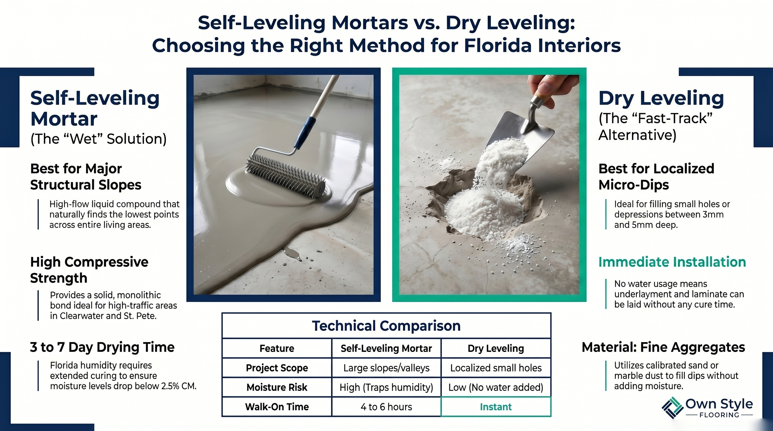 Self-leveling mortar being poured on a concrete slab next to dry aggregate fill in a Tampa Bay residential subfloor preparation project