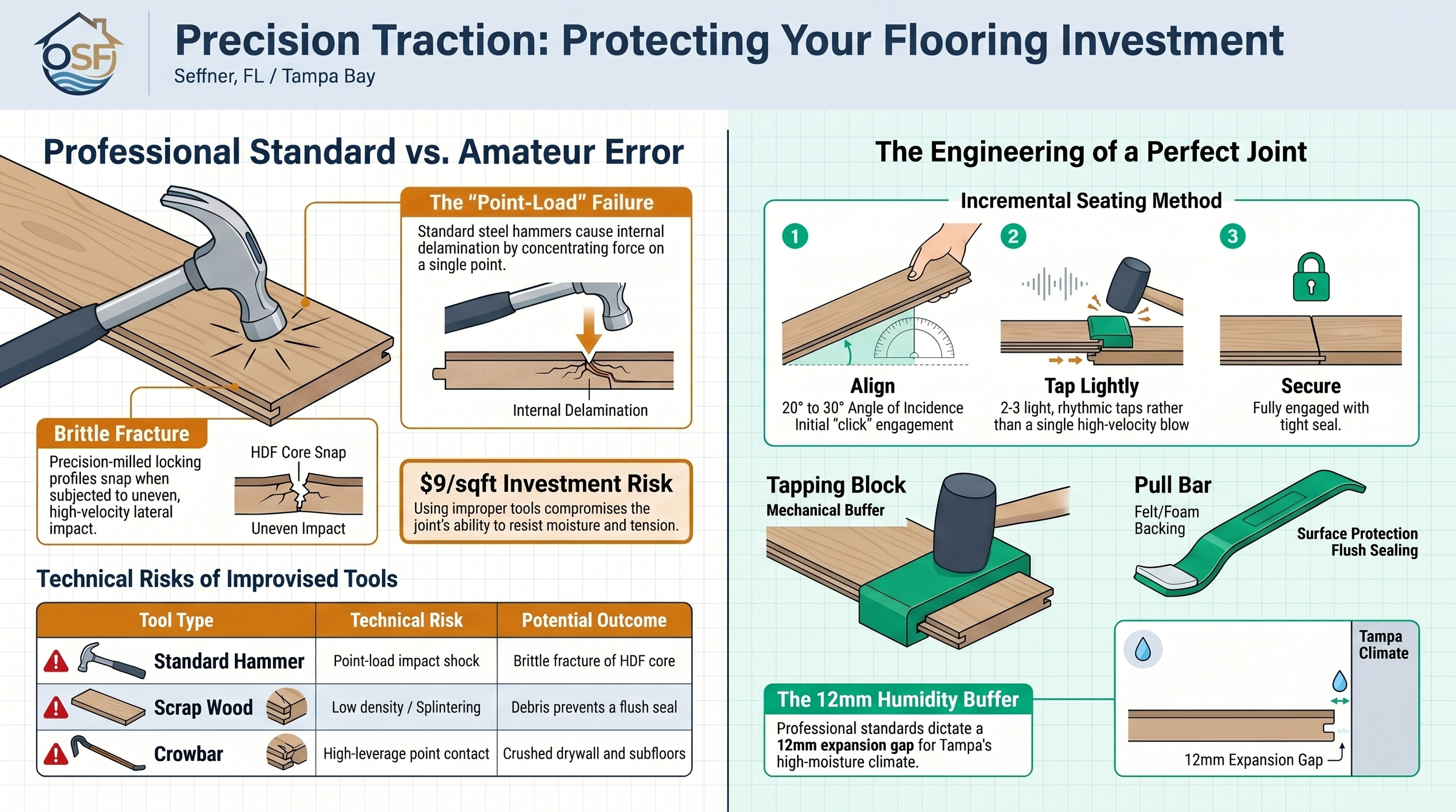 Step-by-step pull bar operation sequence showing 20-degree initial engagement, flat lowering, hook placement, and graduated mallet strikes for final row laminate installation in Hillsborough County