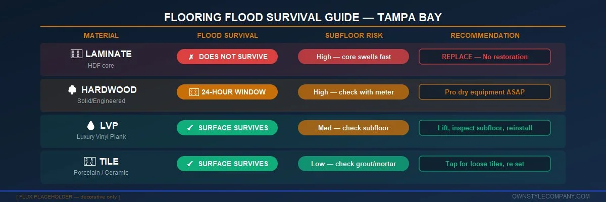 Horizontal timeline 0–72+ hours showing what happens to your floor at each stage: 0-24h (act now), 24-48h (mold activates), 48-72h (structural damage), 72h+ (remediation required). Color-coded green to red.