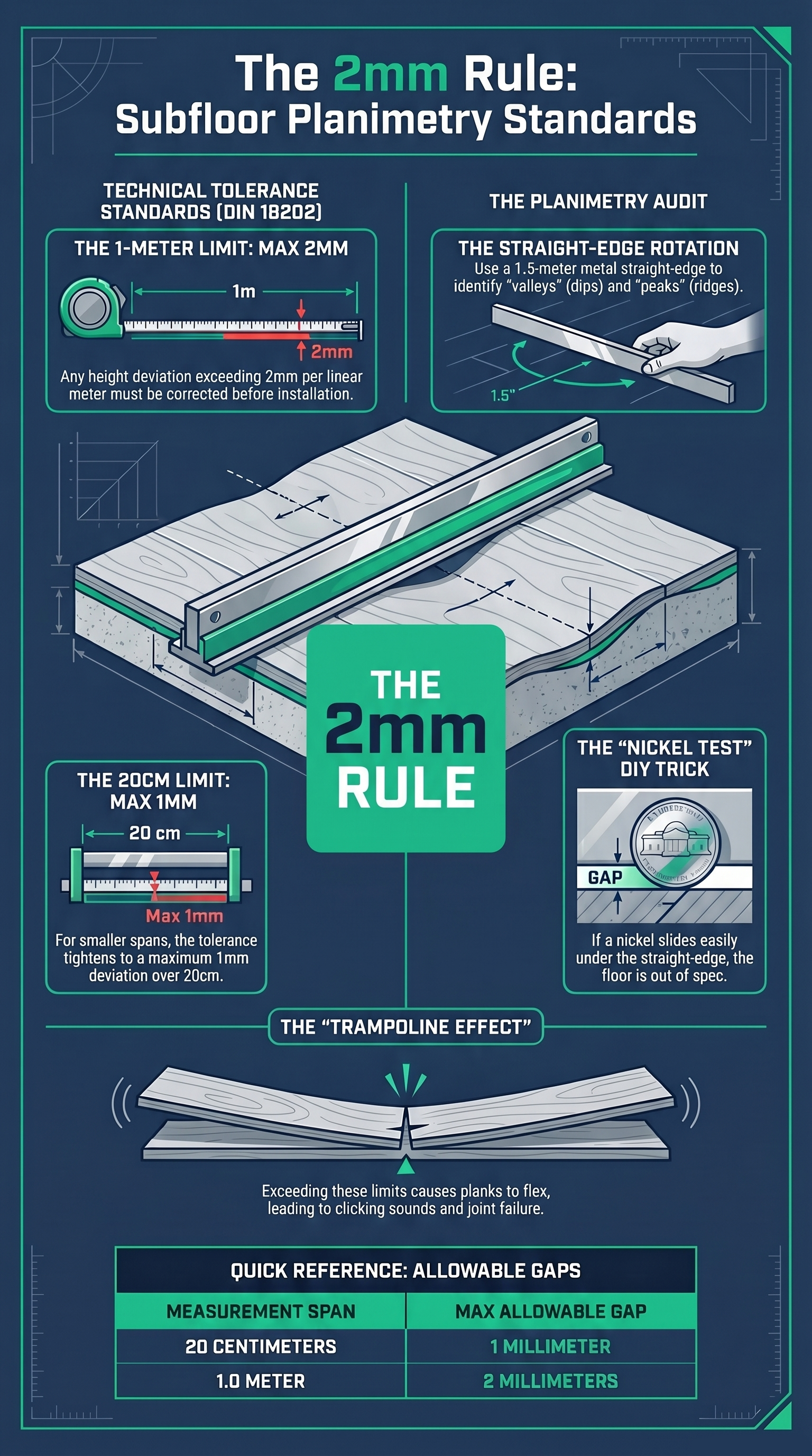 Technical diagram showing the 2mm per meter flatness tolerance required for laminate floor subfloors.