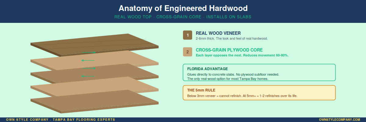 Exploded cross-section of engineered hardwood: real wood veneer top layer (labeled with mm thickness),