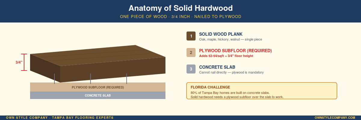 Cross-section of a 3/4-inch solid hardwood plank: single piece of wood, grain visible, nails going into plywood subfloor