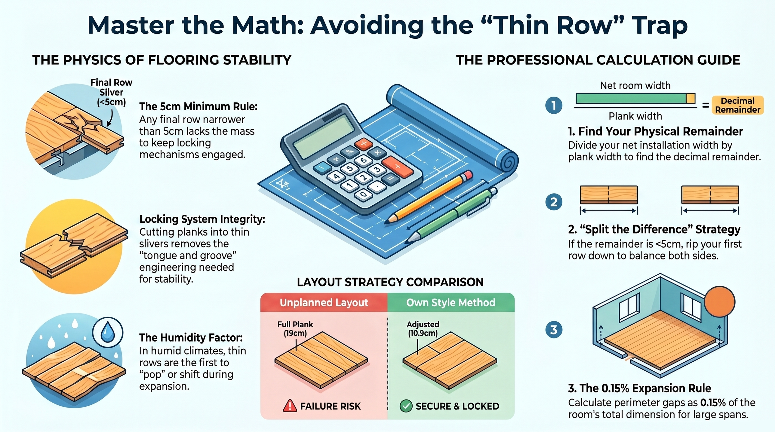 Technical diagram comparing an unstable 2cm thin final row installation with a correctly planned 10cm balanced final row in a Tampa Bay laminate floor layout