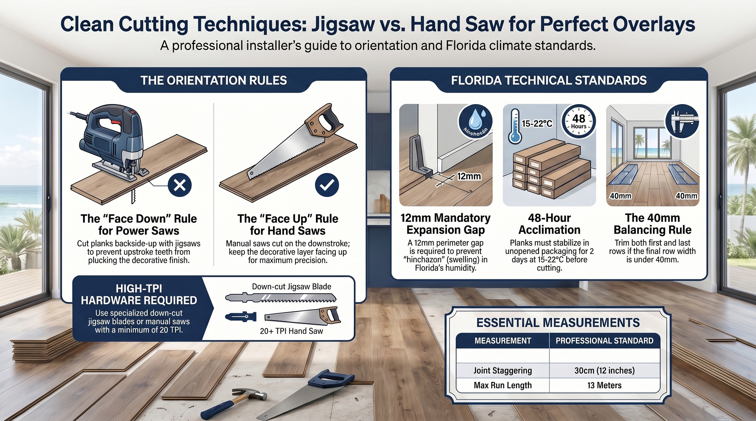 Side-by-side technical reference showing correct blade selection TPI and orientation for jigsaw and hand saw cutting of laminate flooring in Hillsborough County homes