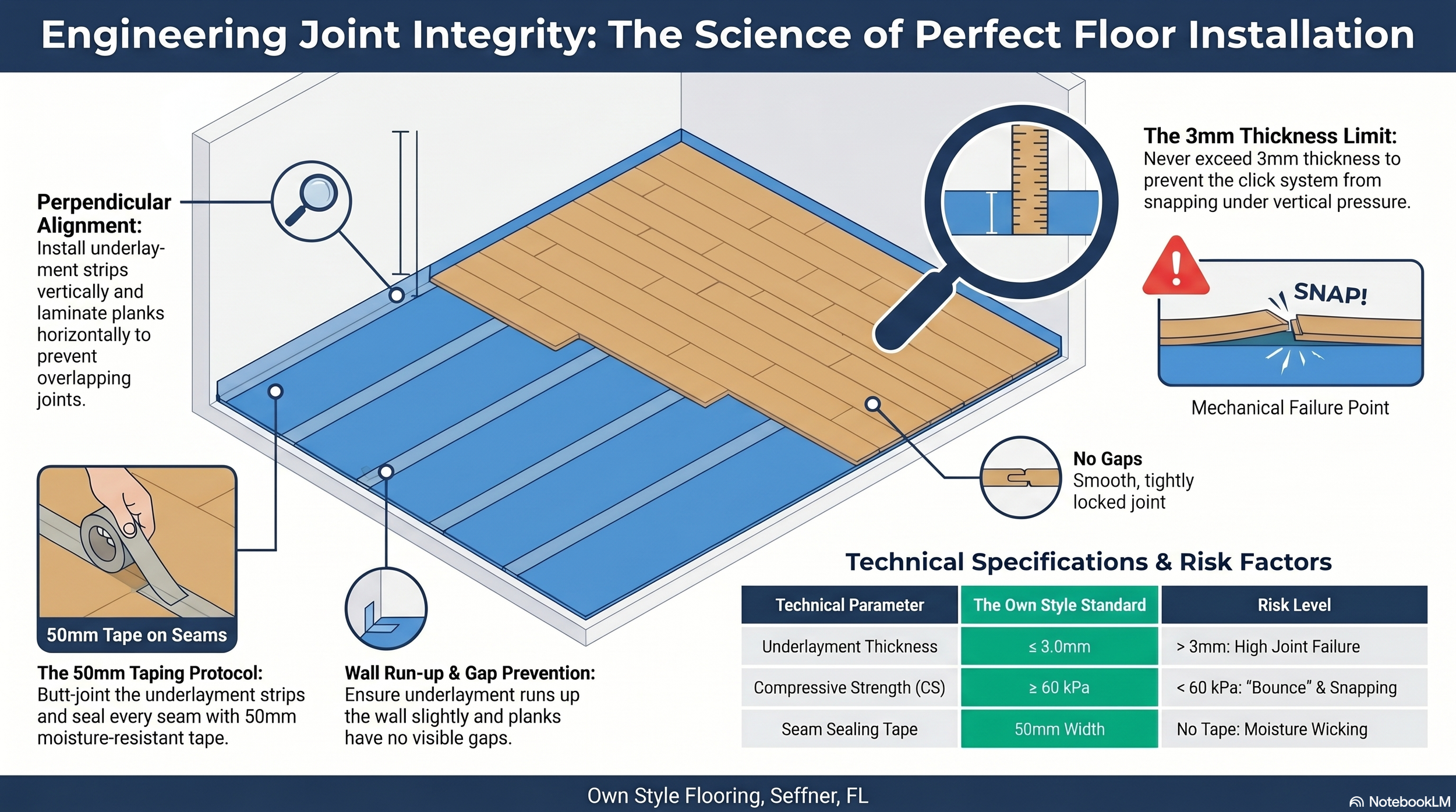 Top-down diagram showing underlayment strips running perpendicular to laminate planks with butt-jointed seams sealed with 50mm moisture-resistant tape in a Hillsborough County home