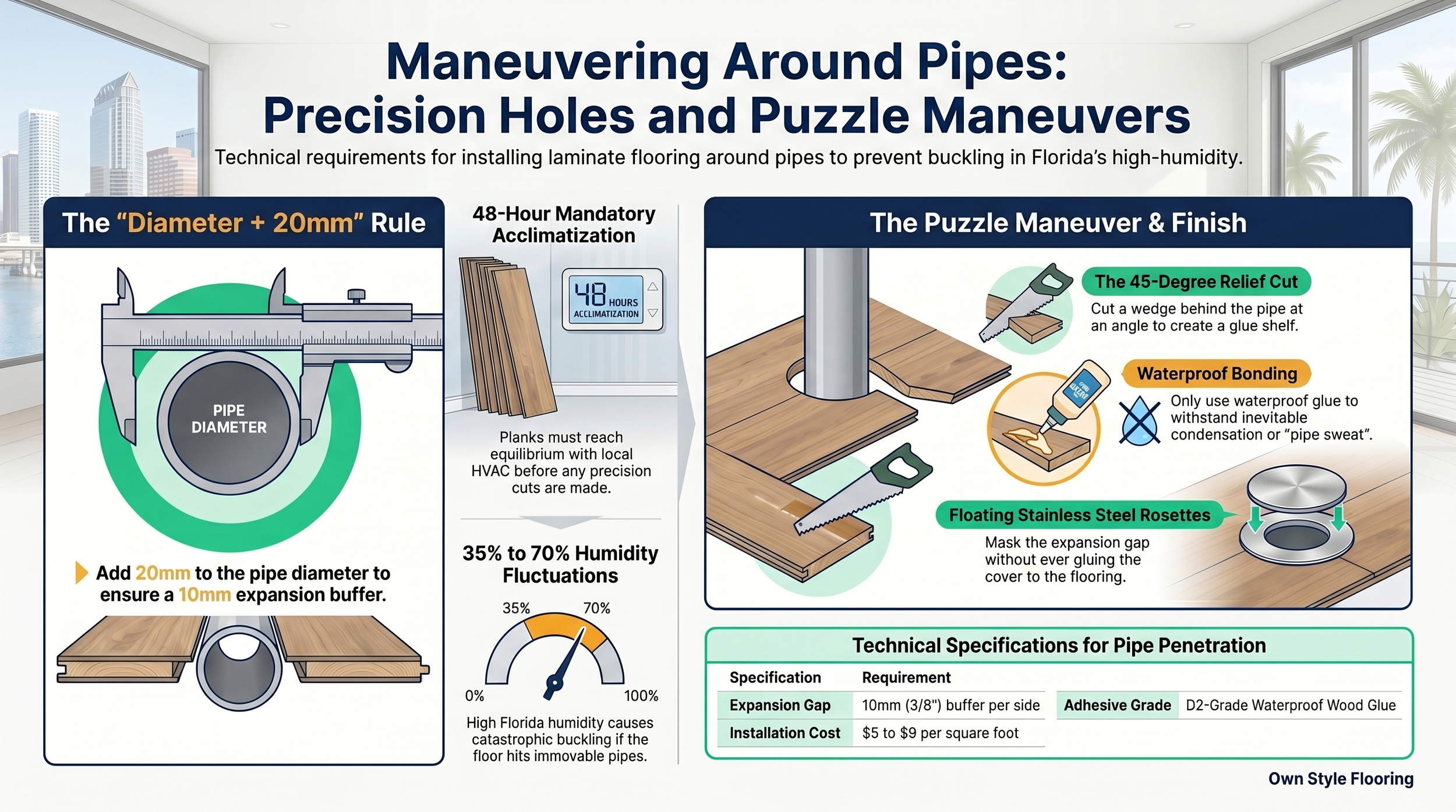 Installer applying D2-grade waterproof glue to a puzzle cut plank section before reinsertion around a copper pipe in a Seffner home