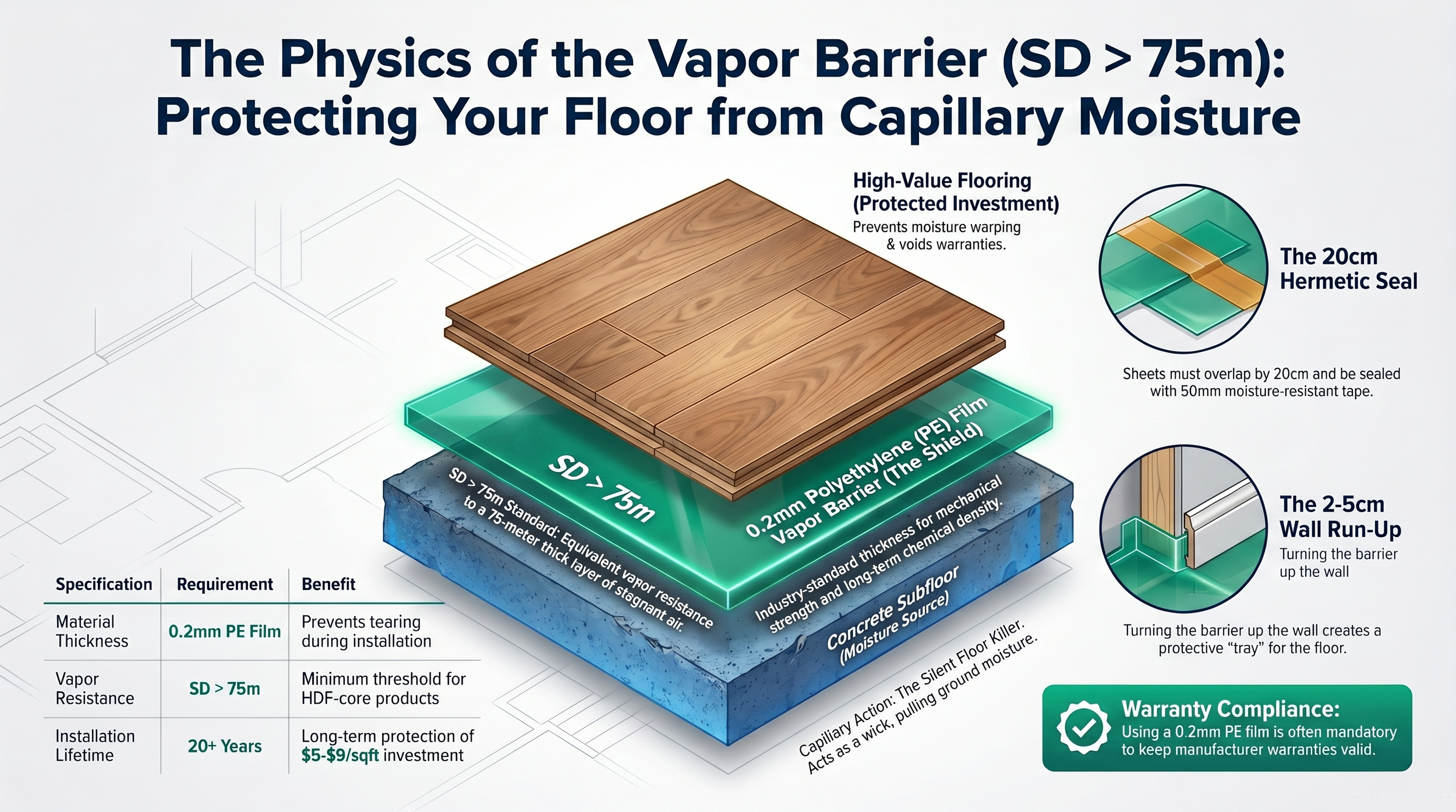 Diagram showing capillary moisture rising from a concrete slab and being blocked by a PE vapor barrier in a Florida home.