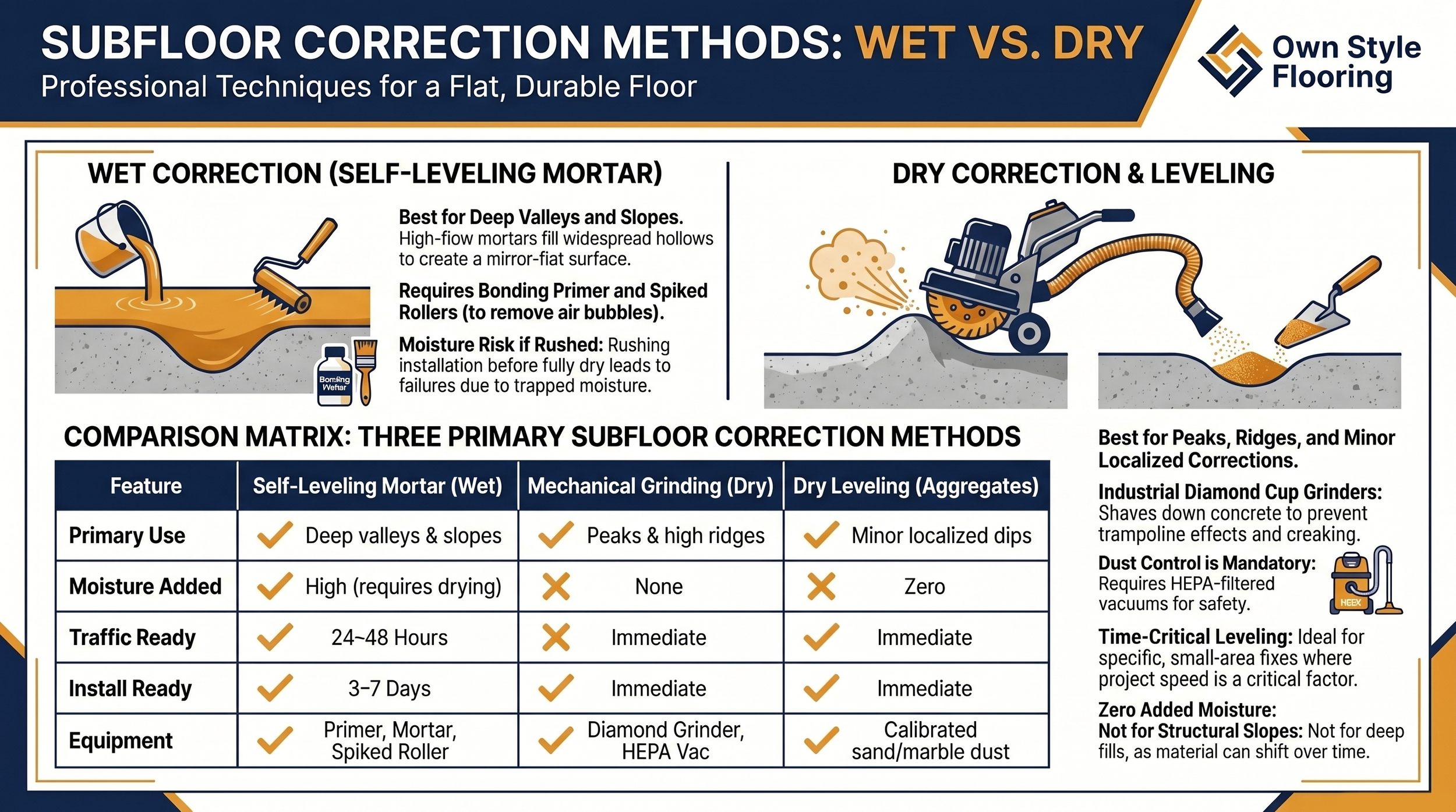 Comparison of floor leveling methods: grinding high spots versus filling low spots in concrete.