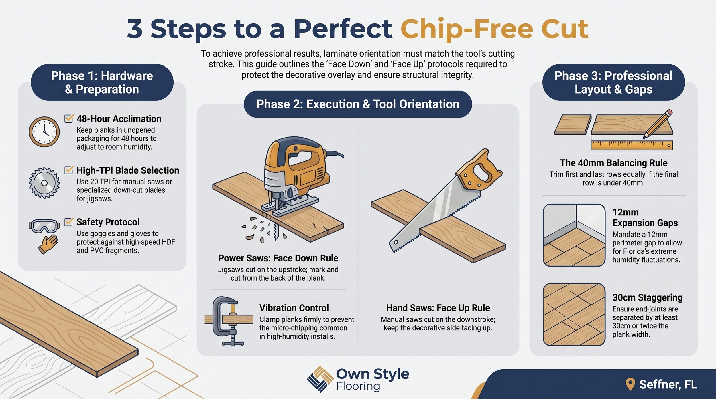Technical diagram showing Face Down orientation for jigsaw with upstroke blade direction and Face Up orientation for hand saw with downstroke blade direction for laminate flooring in Tampa Bay
