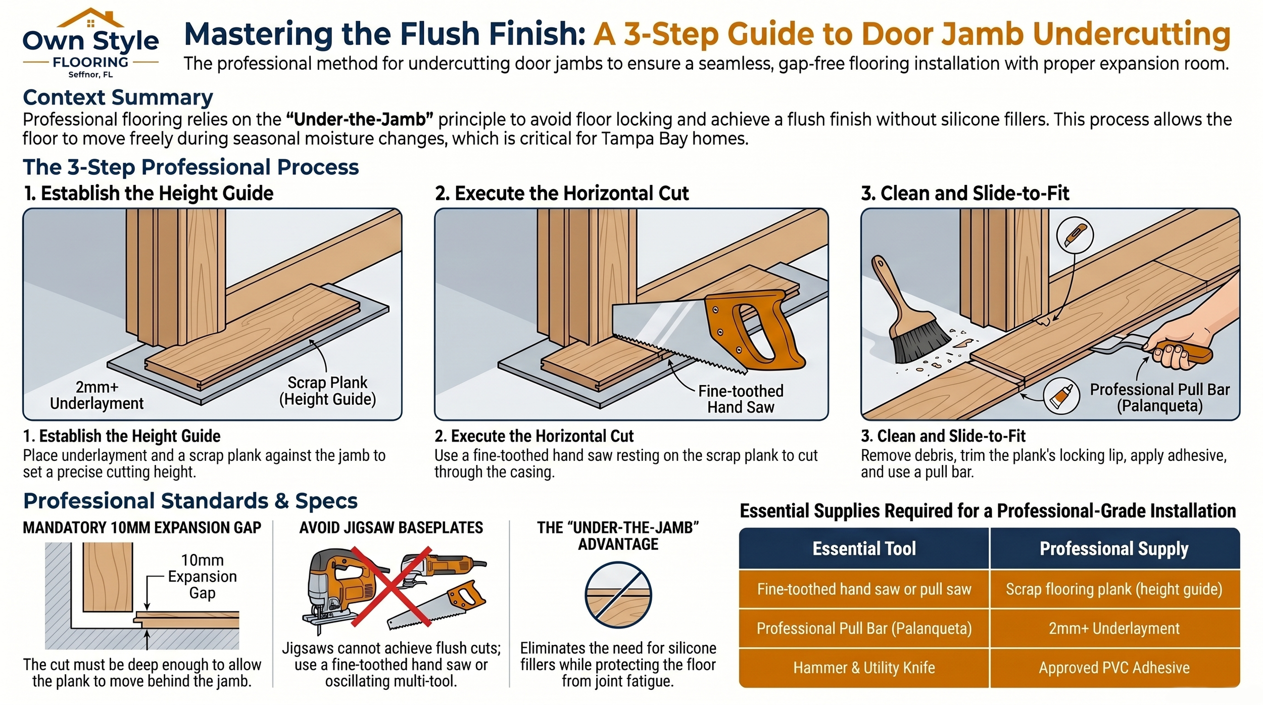 Installer sliding a laminate plank test piece under an undercut door jamb to verify 8–10mm expansion clearance in a Hillsborough County home