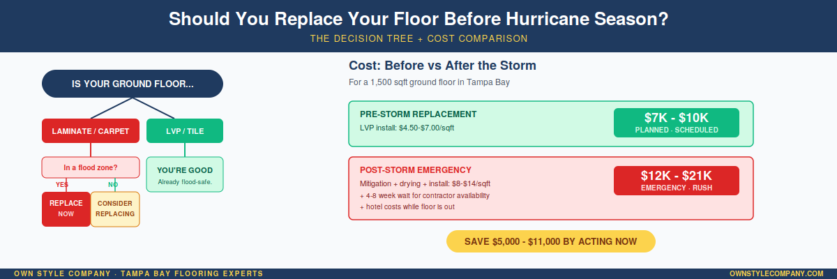 Decision tree: 'Is your ground floor in a flood zone?' > Yes: LVP or Tile > No: Either works but consider LVP for peace of mind. Plus sidebar: 'Pre-storm vs post-storm replacement cost comparison'.