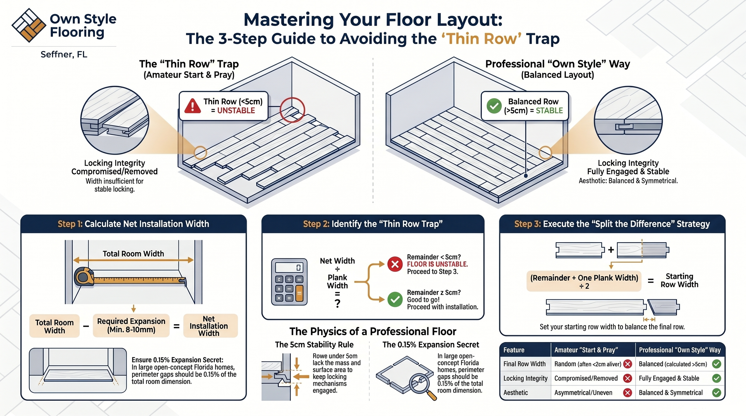 Three-step visual guide showing laser level alignment, gap spacer placement, and starting row cut mark for geometric laminate layout in a Tampa Bay home
