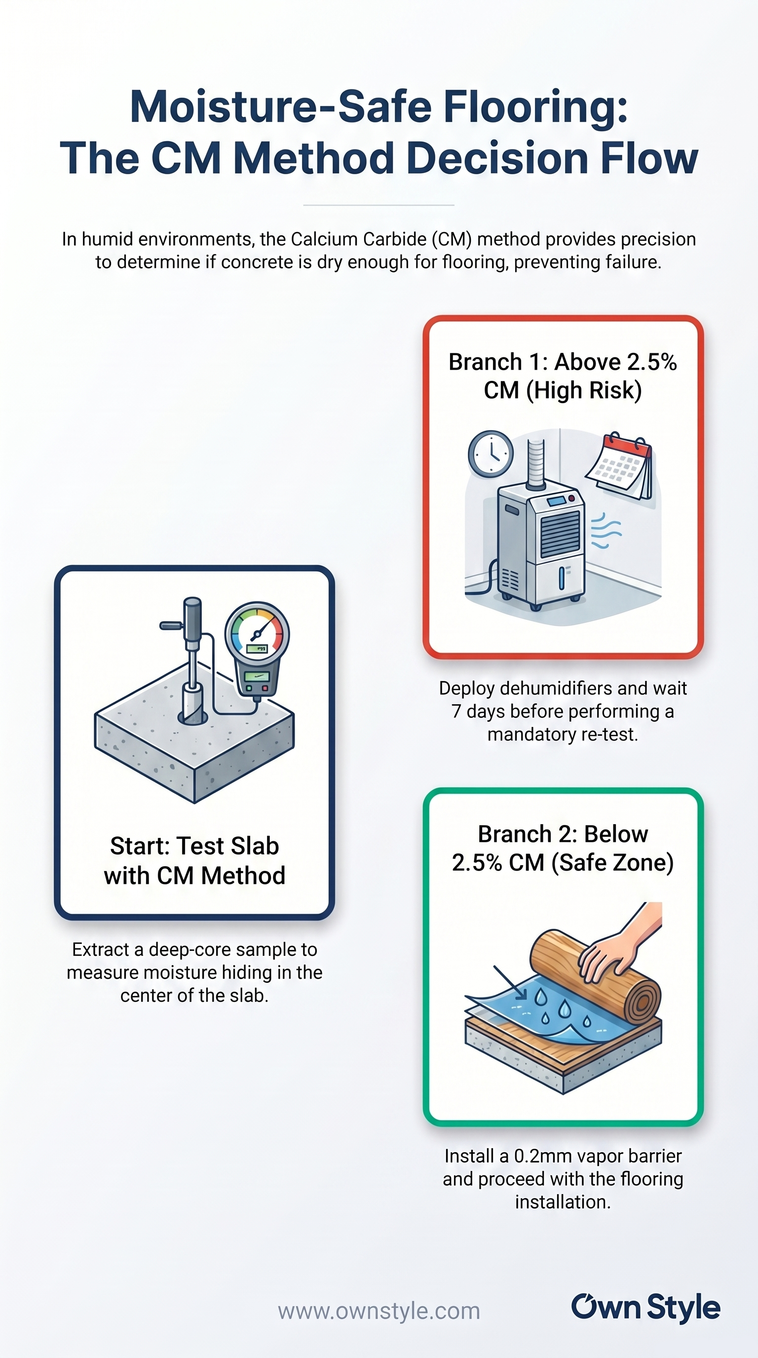 Decision flowchart for flooring installers showing the moisture thresholds for a safe installation.