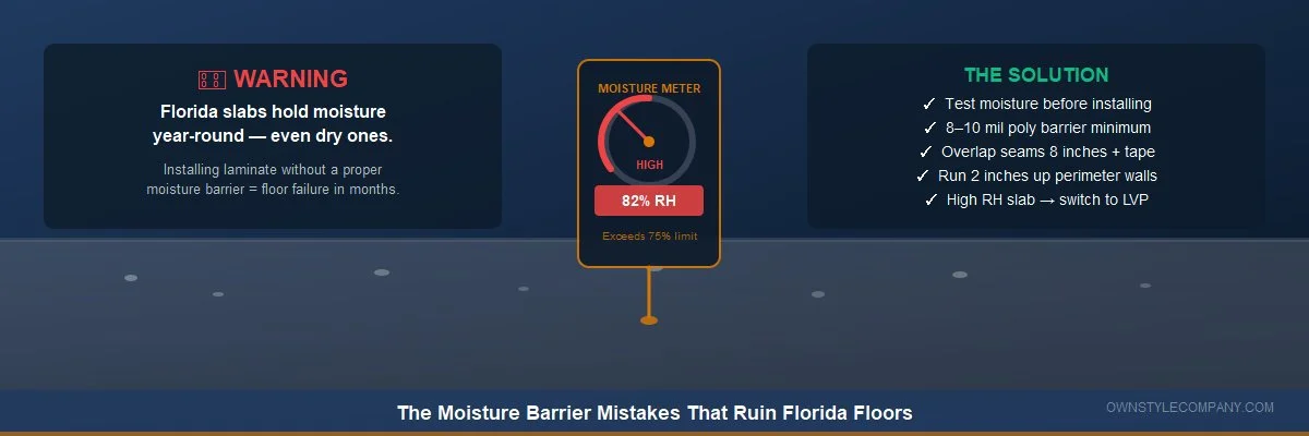 Close-up of a Florida concrete slab surface with moisture condensation visible, professional moisture meter probe showing a high reading in the red zone, laminate flooring boxes stacked in the background.