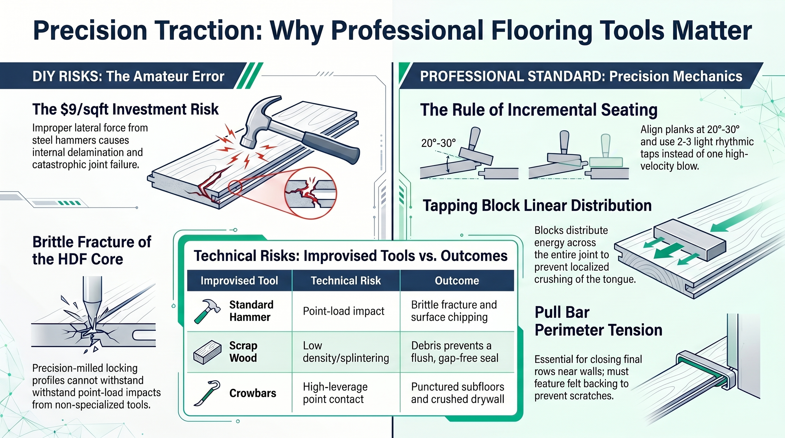 Side-by-side comparison of professional nylon tapping block and rubber mallet versus scrap wood block and steel hammer showing structural failure risk for Tampa Bay laminate installation