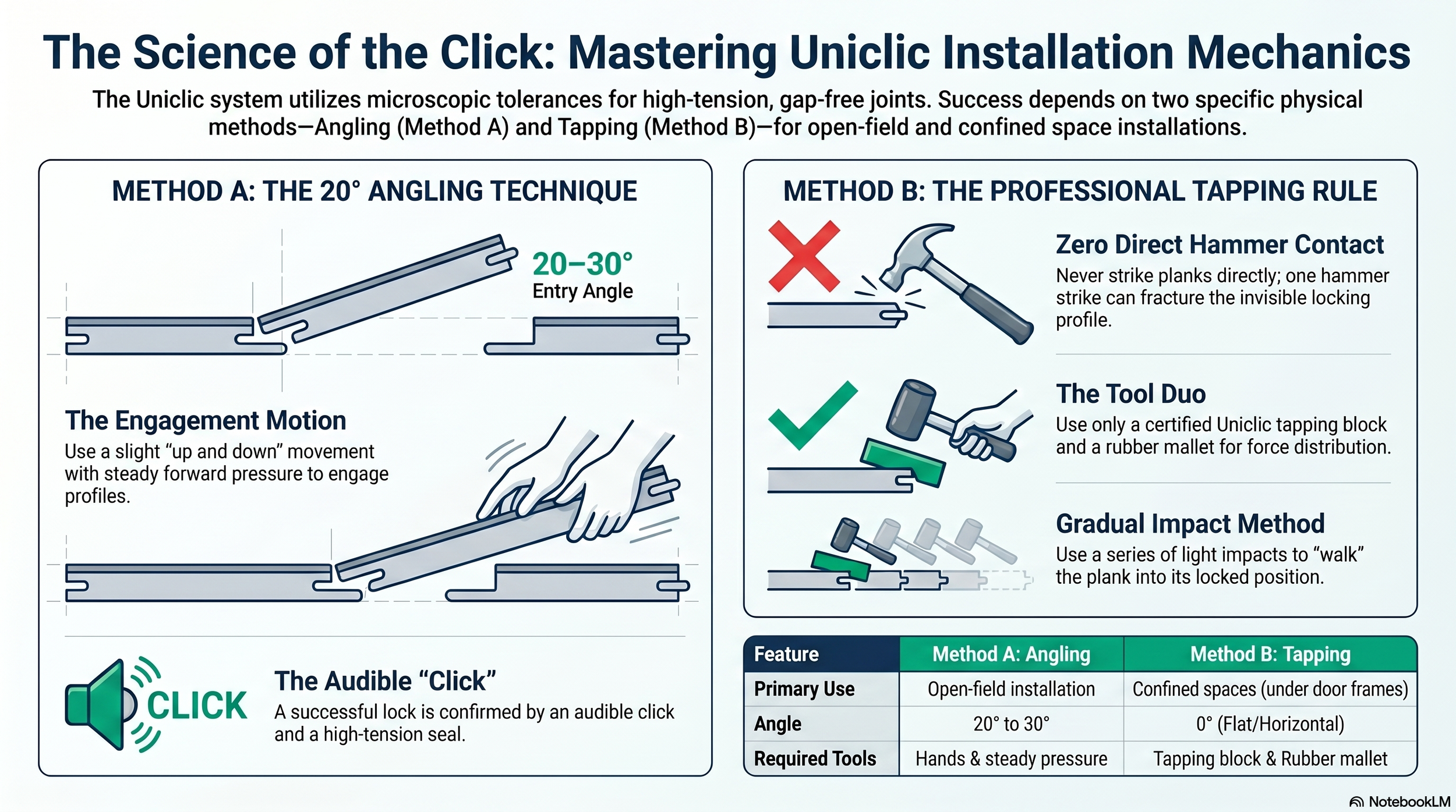 Technical diagram showing Method A 20-degree plank angle and Method B flat tapping with rubber mallet and tapping block for Uniclic installation in Tampa Bay