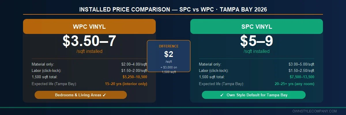 Two-column price comparison: SPC $5–9/sqft installed vs WPC $3.50–7/sqft installed. Green badge marks SPC as Own Style default for Tampa Bay.